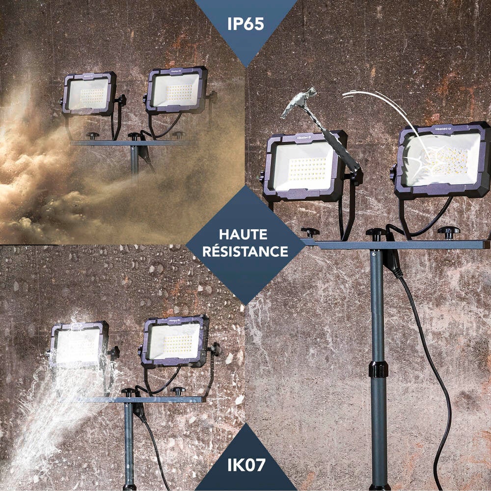Projecteur LED de chantier filaire sur pied télescopique 2x50W, 2x4600 lumens, IP65, IK07, 4000K, garantie 3 ans - Tibelec - 6