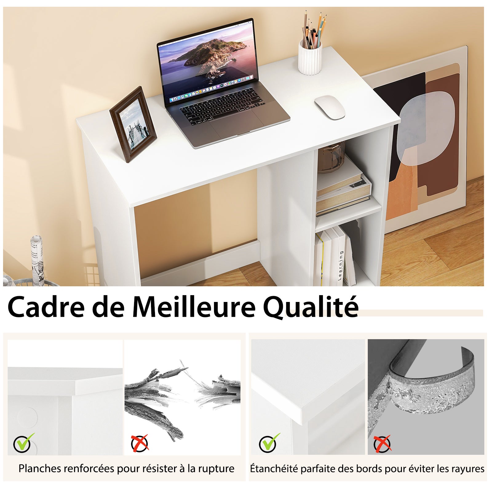 Scrivania per Computer in Legno, Scrivania con 2 Ripiani per Ambienti Piccoli, Scrivania Moderna e Salvaspazio da Casa e Ufficio, Bianco, 80 x - 5