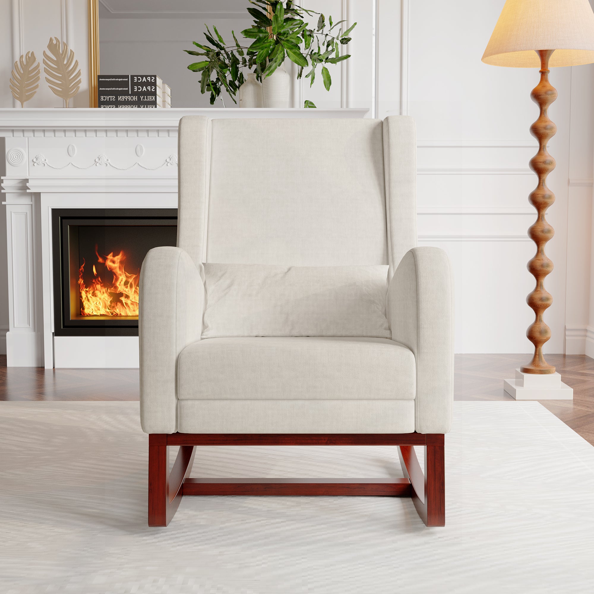 Fauteuil à Bascule avec Repose-Pieds, Chaise a Bascule Allaitement Rocking Chair intérieur extérieur Fauteuil allaitement avec Pocheen Bois, Beige - 3