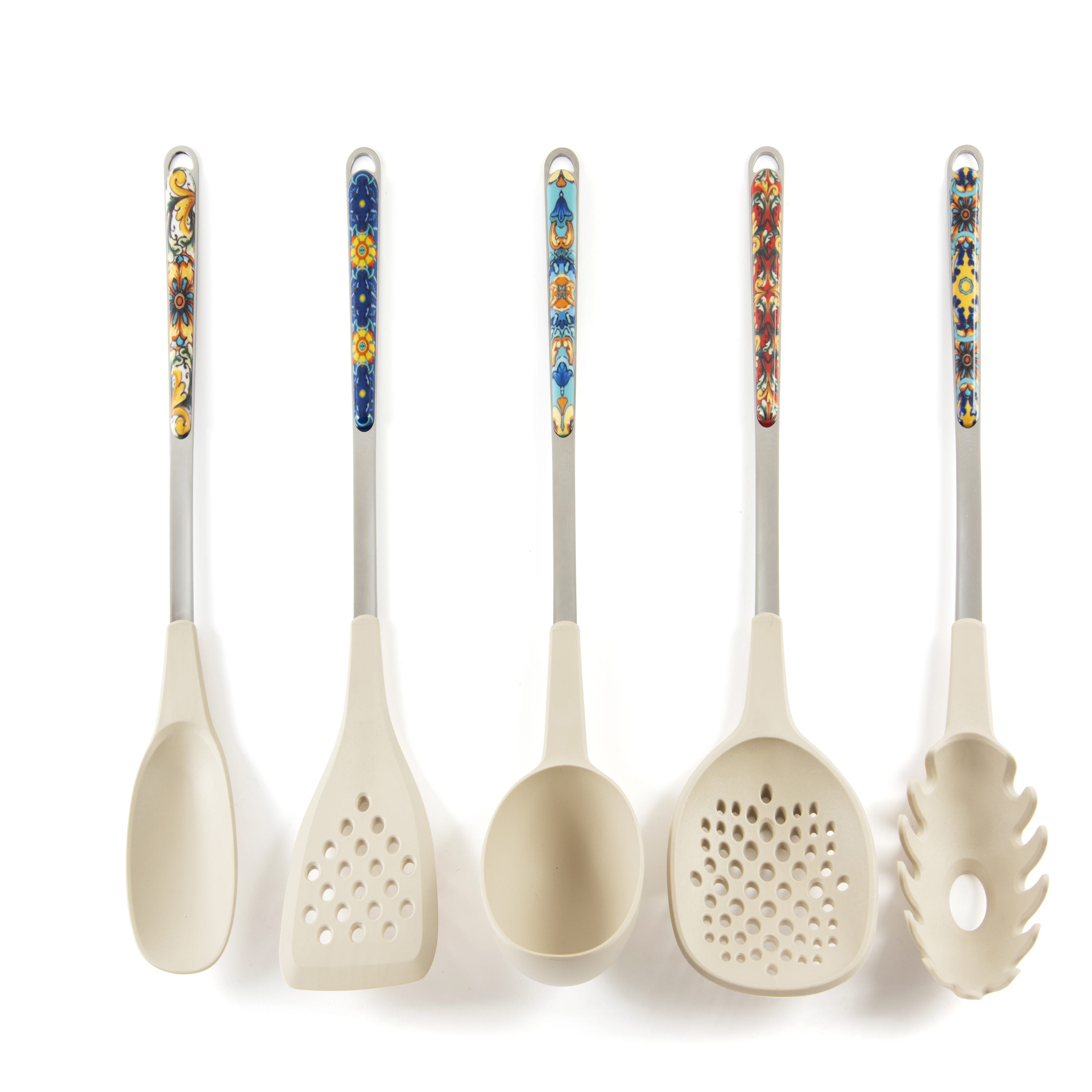 Set Ustensiles De Cuisine Excelsa Trinacria - 5 Pièces (louche, écumoire, Etc.) - Design Sicilien Coloré - Nylon Et Inox