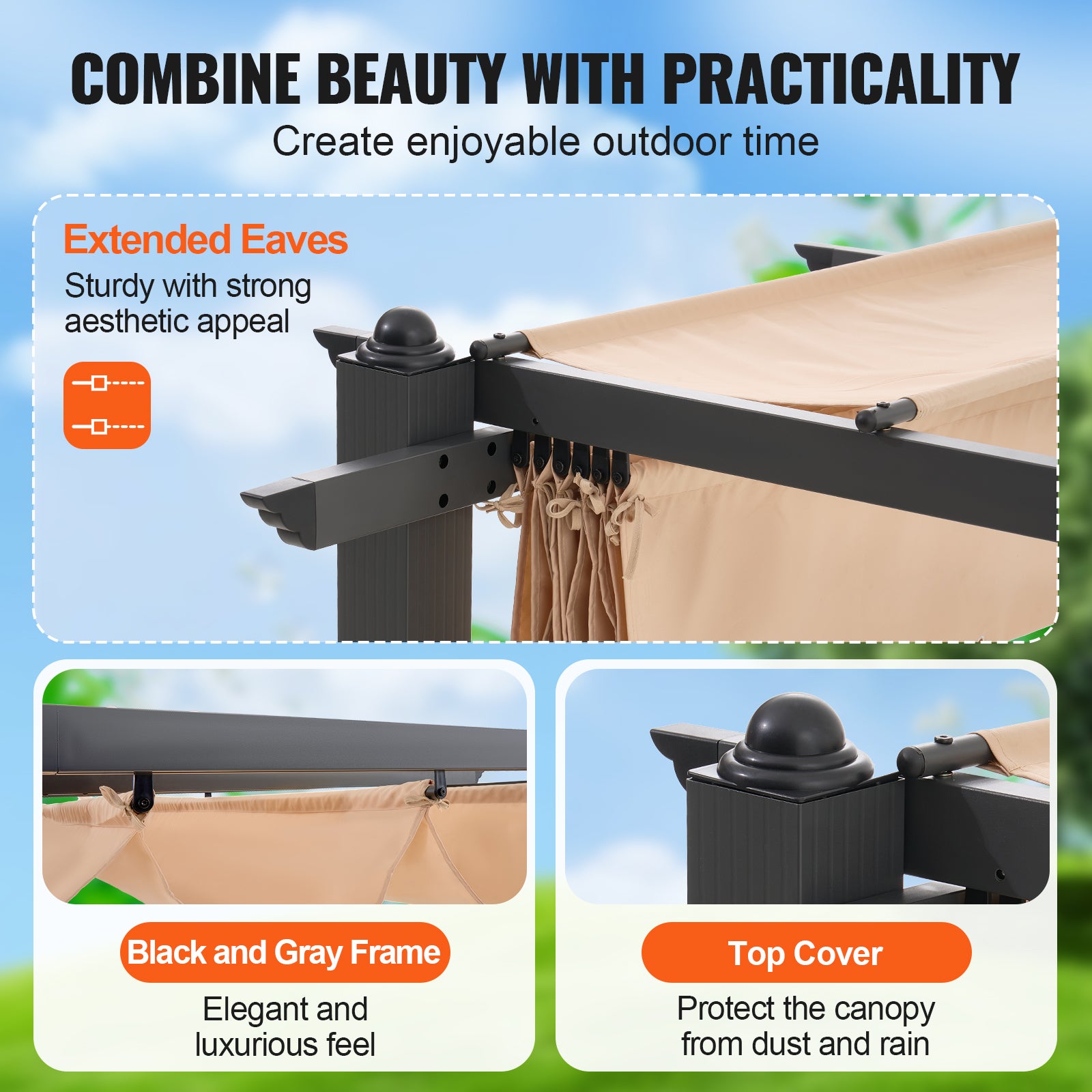 Pérgola retráctil para exteriores de 3 x 4 metros con toldo,SucceBuy de aluminio,para patio y jardín (beige) - 8