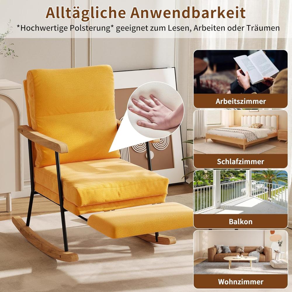 Fauteuil à bascule avec repose-pieds extensible, inclinable, dossier réglable, salon/chambre, marron/jaune - 8