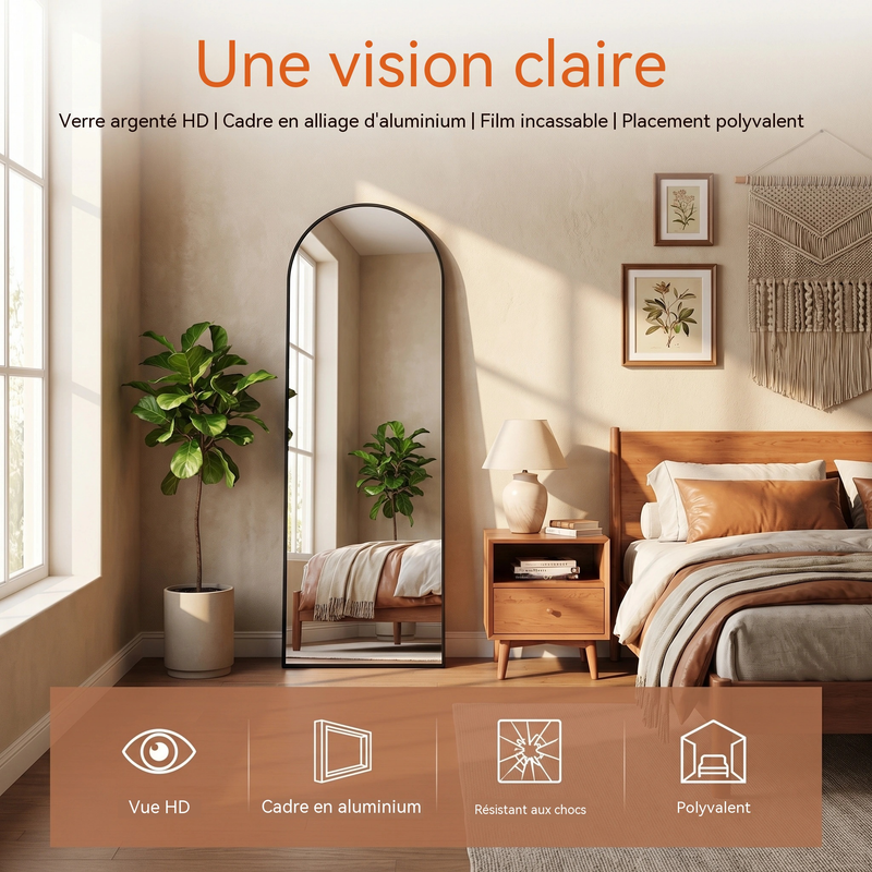 KEFSR Miroir sur Pied Arqué 162 x 53cm,Miroir Mural avec Support,Cadre en Alliage d’Aluminium,Verre Trempé,Grand Miroir pour Chambre,Salon(Noir) - 3