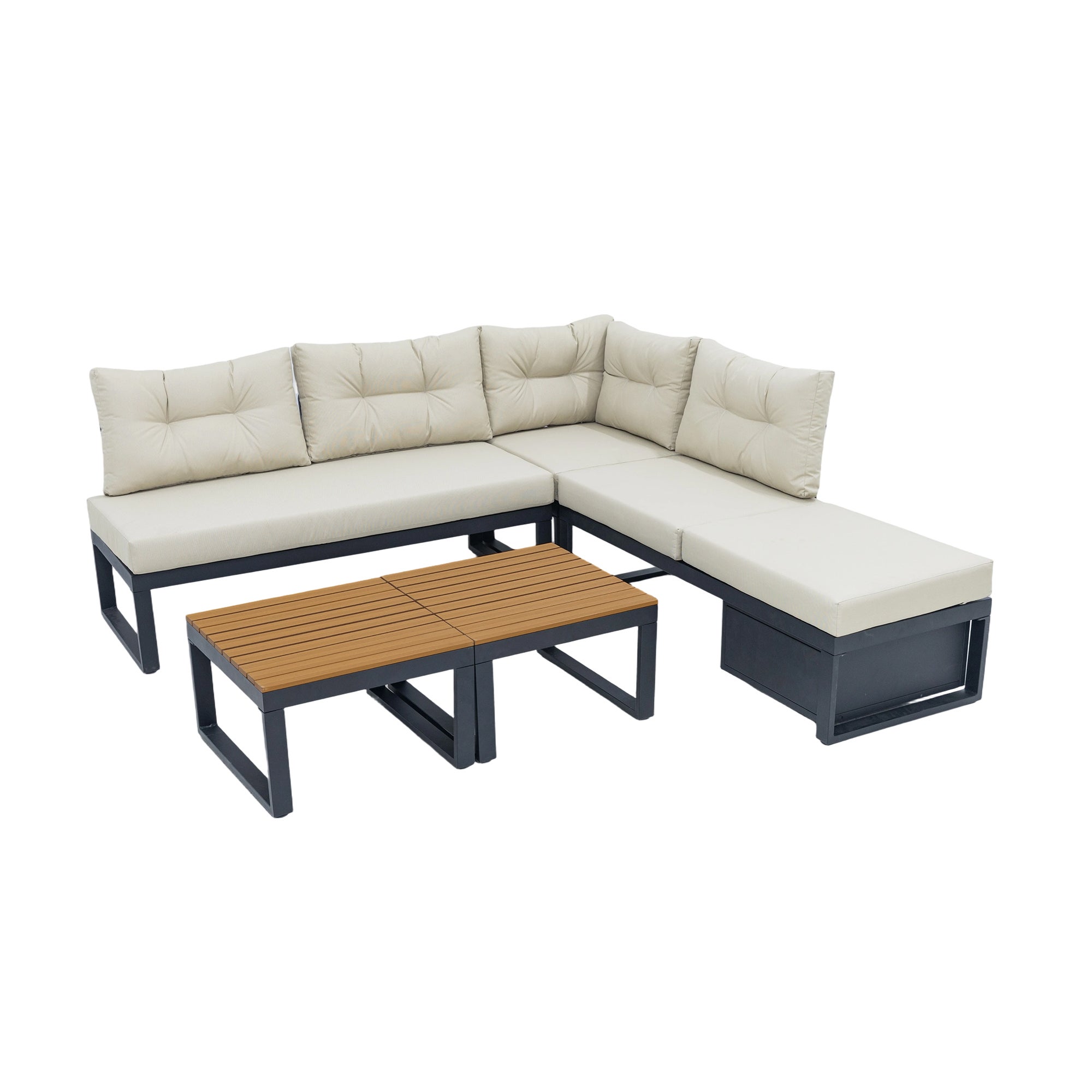 Ensemble de meubles de jardin avec dossier réglable en 4 positions et fonction inclinable, espace de rangement et tissu polyester - Beige - 6