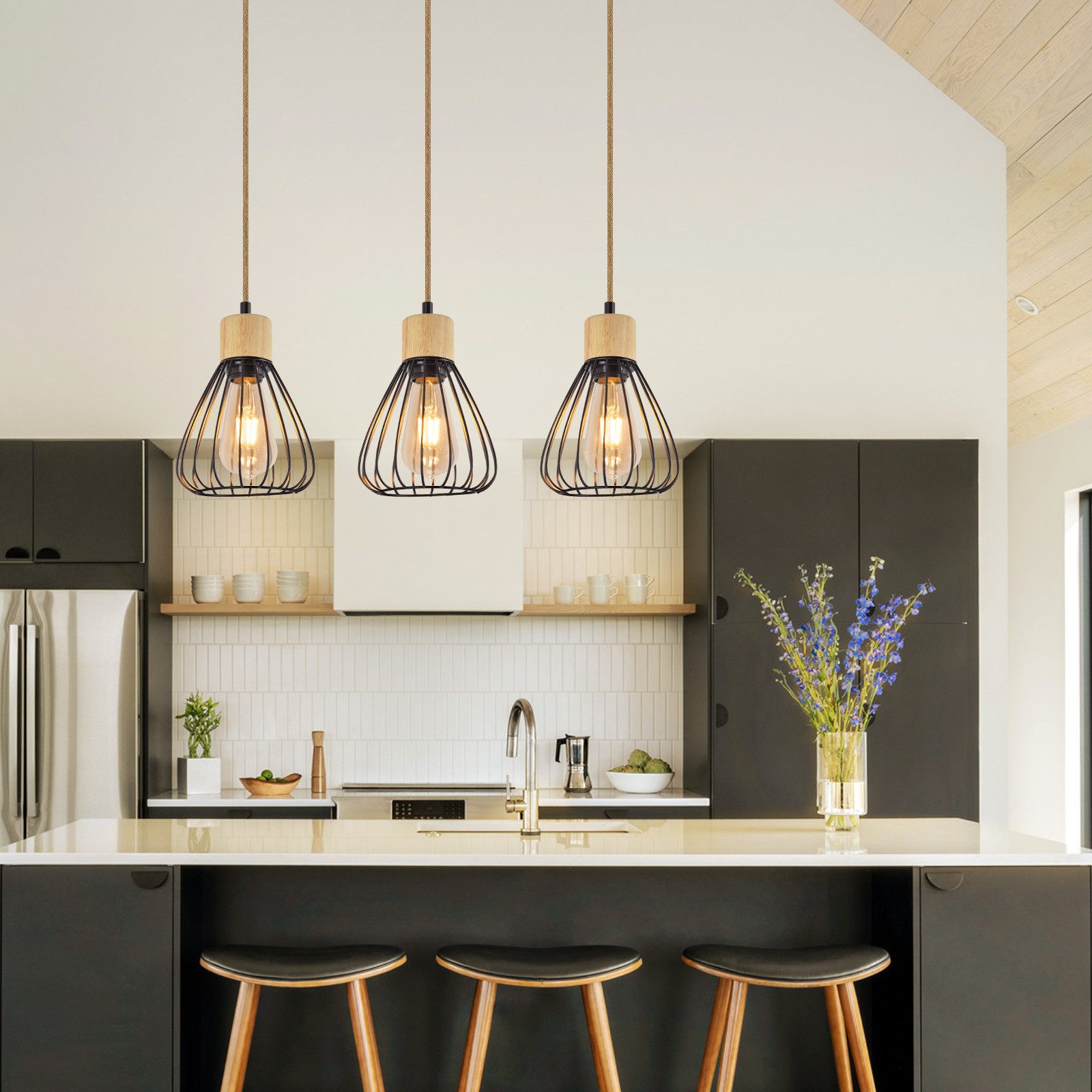 NETTLIFE Lampa wisząca Vintage Industrial Retro Lampa wisząca do salonu z drewna i liny konopnej w czarnym metalu 3 płomienie E27 - 8