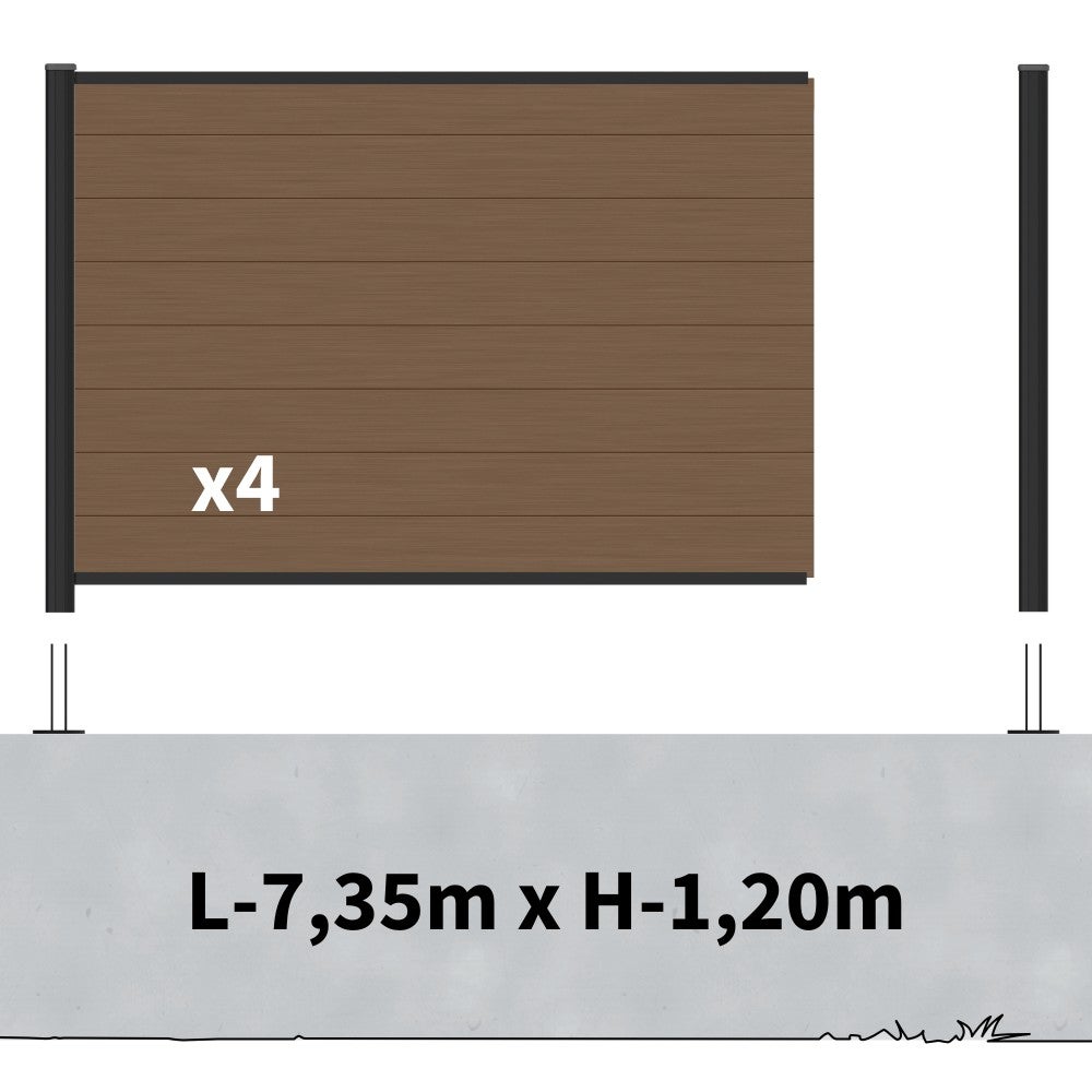 Kit Clôture Composite sur Muret RIO Bronze 7,5x1,2m - Bois composite & Aluminium - Poteaux sur Platines Noir - Brise vue - 2
