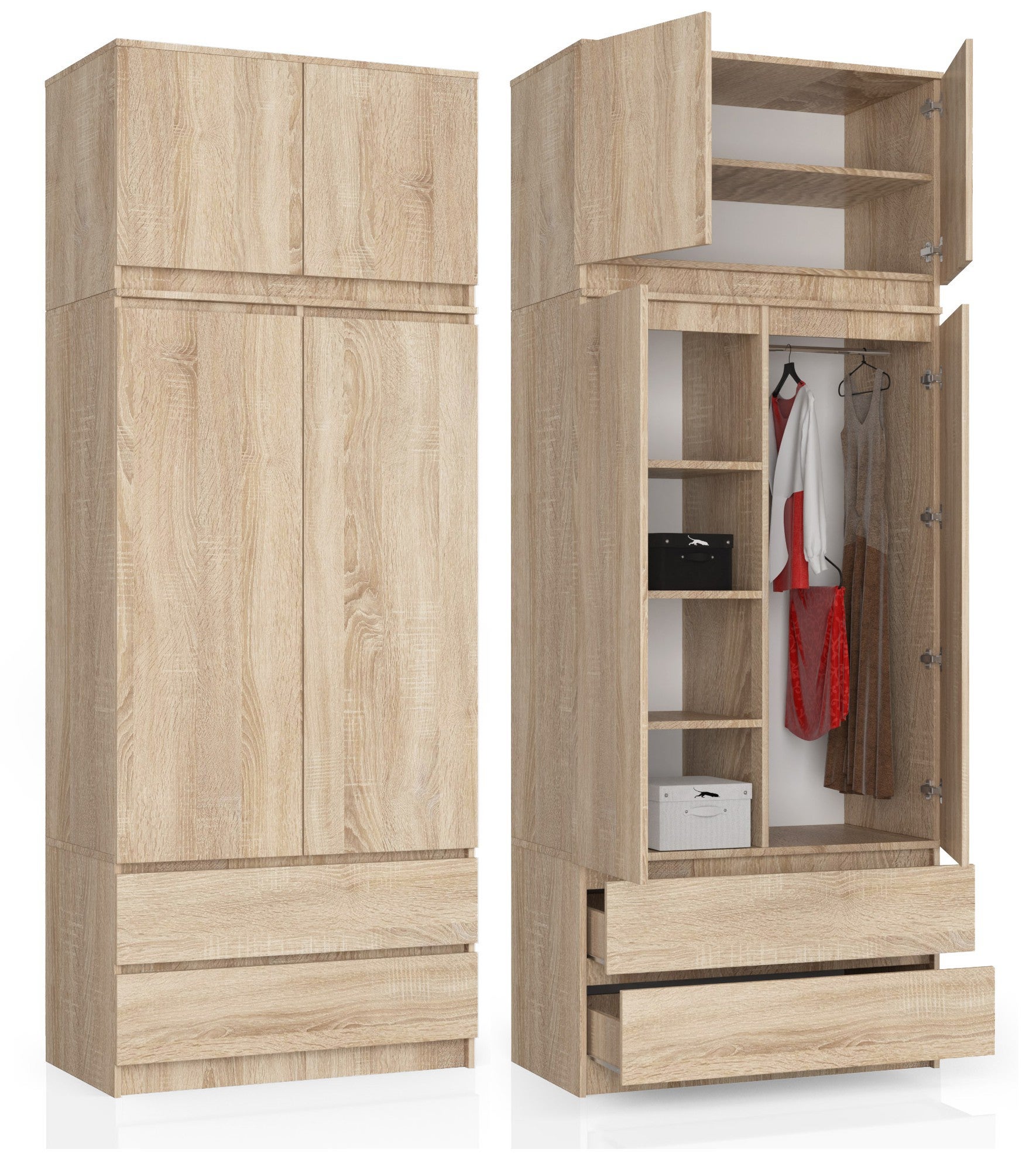 Armoire avec surmeuble AKORD S90 Chêne Sonoma 90 cm 2 portes 2 tiroirs façade Chêne Sonoma 6 étagères 90x51x234 cm - 6