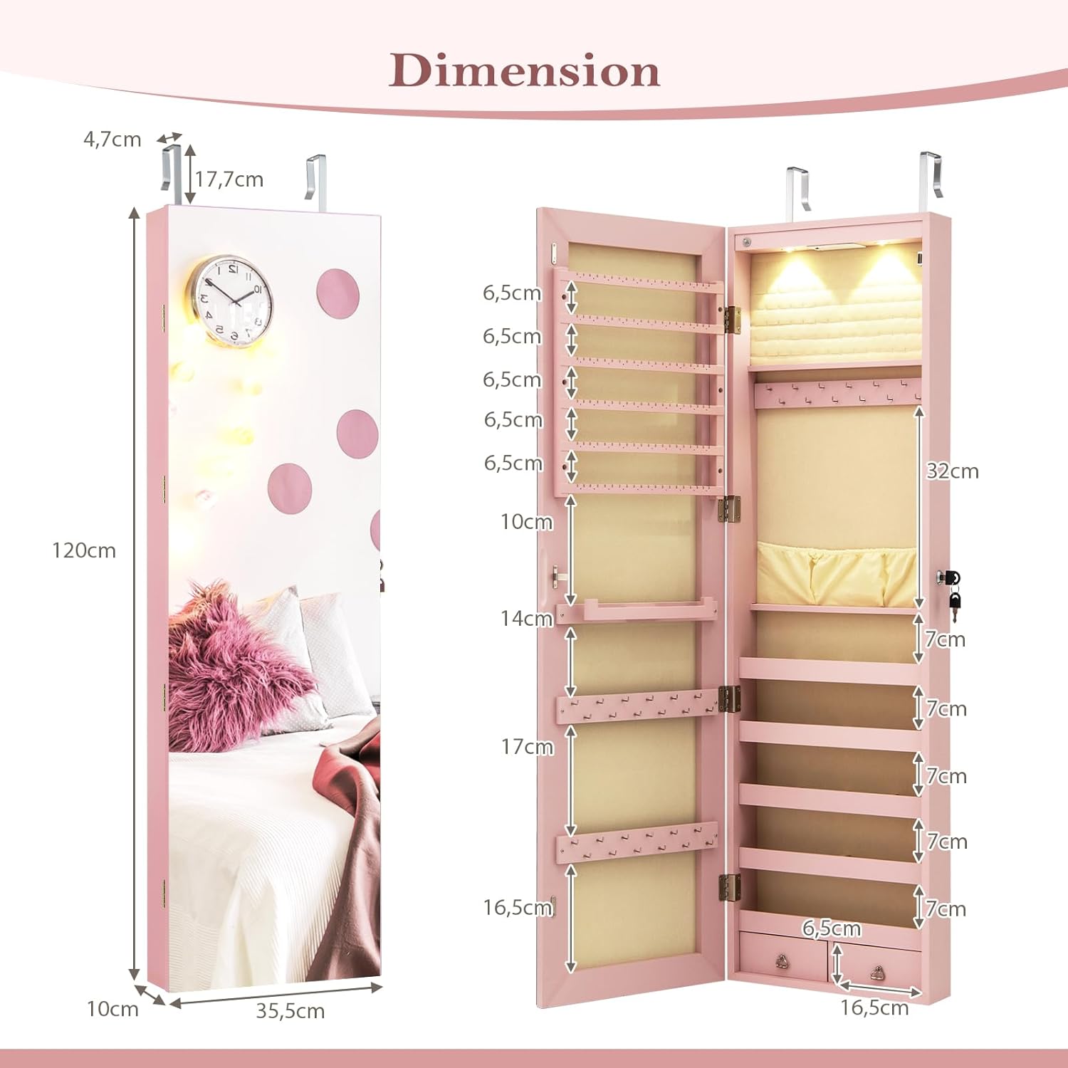 Armoire à Bijoux avec Miroir, Armoire a Bijoux Murale avec Éclairage LED, 2 Tiroirs, Fixer au Mur ou à Suspendre sur Porte (Rose) - 7