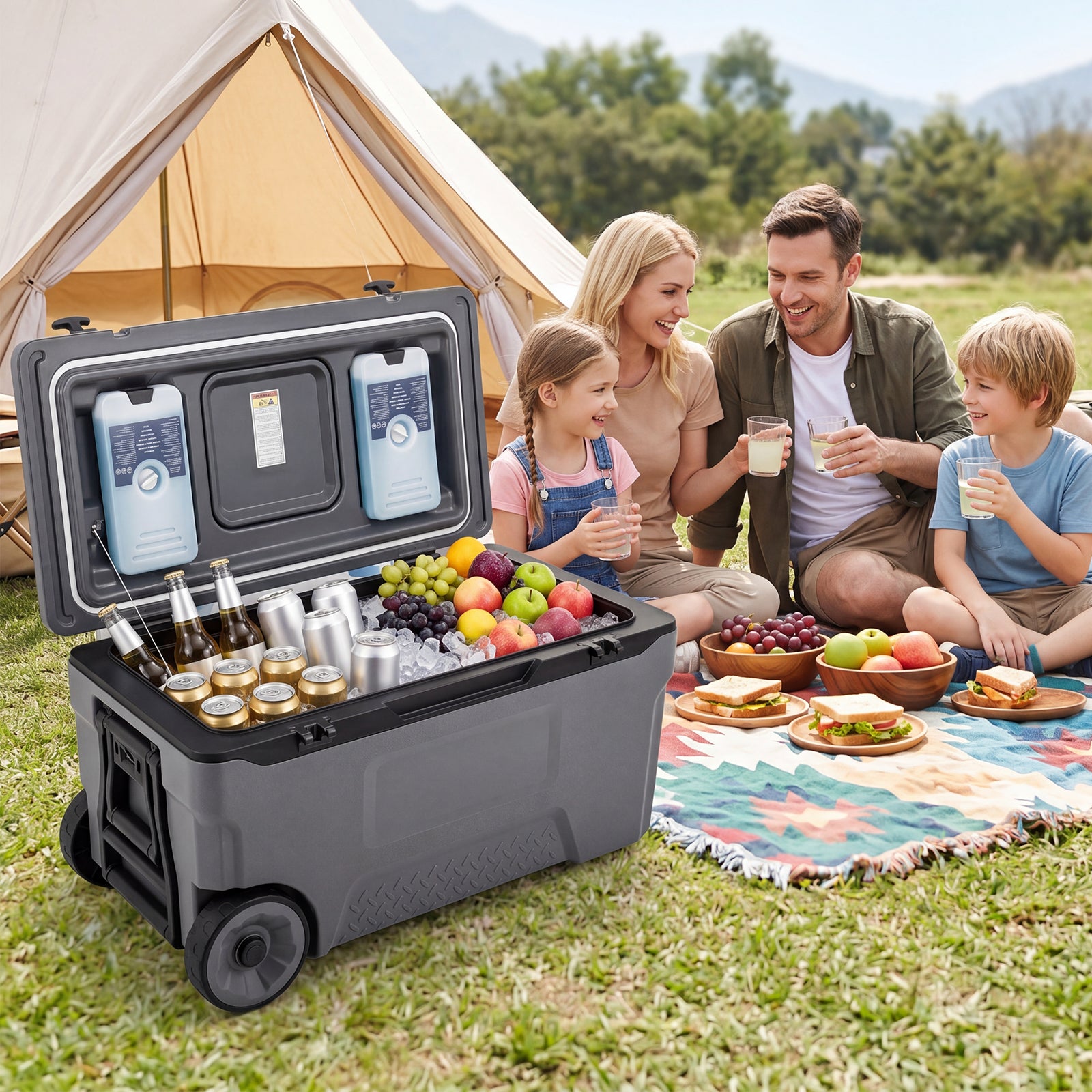 Glacière Isotherme Portable 70L, Réfrigérateur Portable à roulettes avec Orifice de Sortie Emplacement du Gobelet, Rétention de Glace de 6 Jours - 8