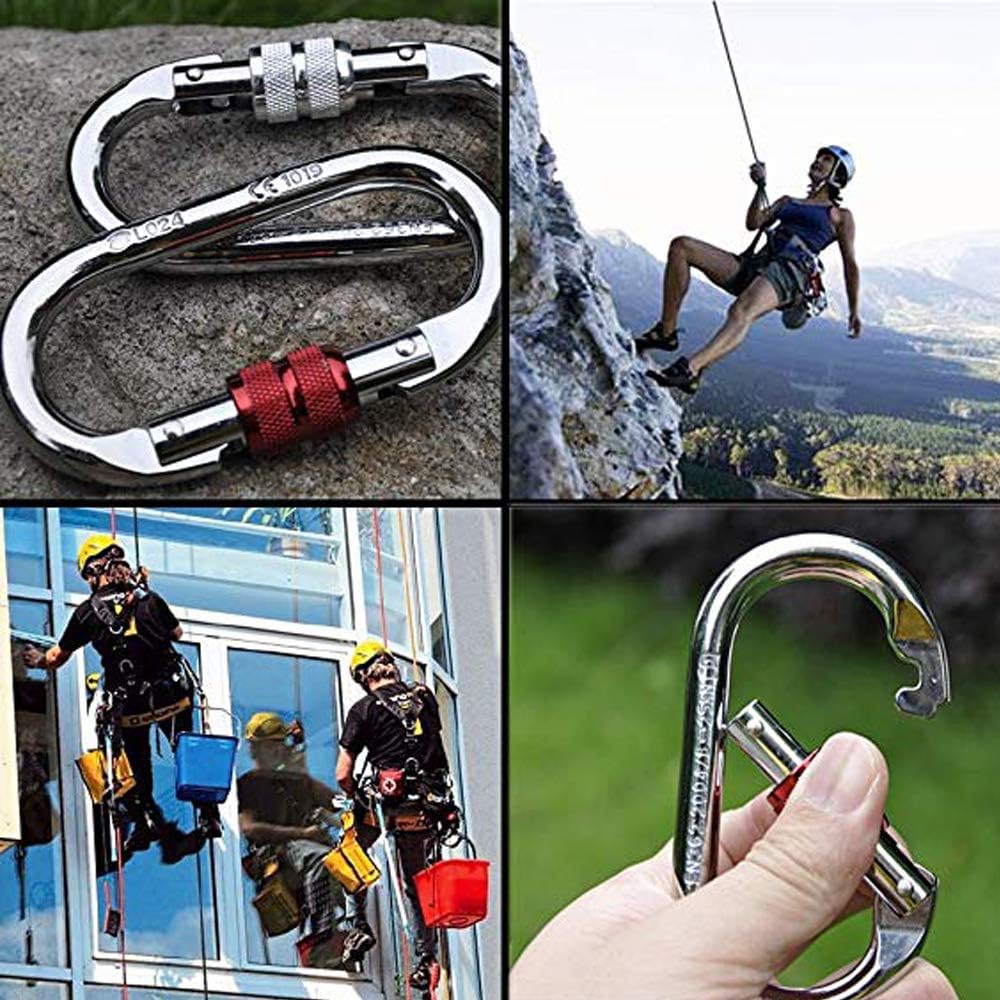 25KN set de 4 mousquetons d'escalade en acier trempé argenté avec clips à vis - 4