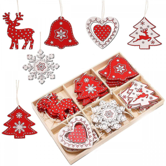 24 sztuki drewnianych ozdób choinkowych wiszących w drewnianym pudełku