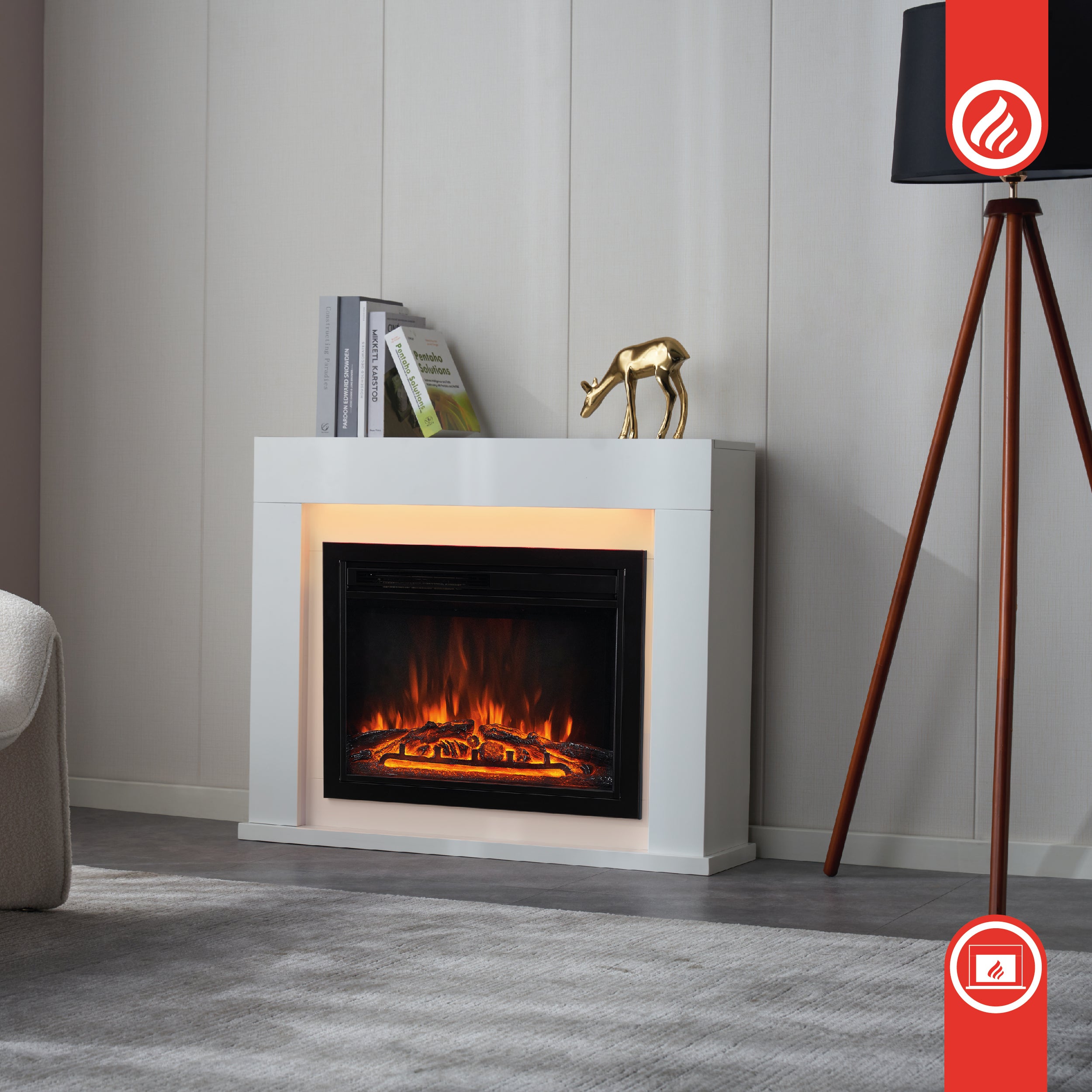 KAMINIO Cheminée Électrique MATTI - Cheminée sur Pied avec chauffage, Effet de flamme 3D, Lumière d'ambiance LED, Télécommande-Blanc - 2