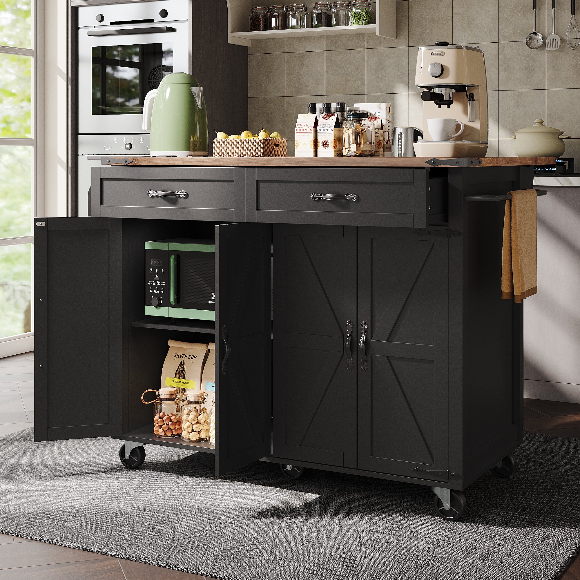 Chariot de cuisine noir avec plan de travail coulissant, îlot de cuisine avec 4 portes et 2 tiroirs, mobilier de salle à manger finition bois - 3