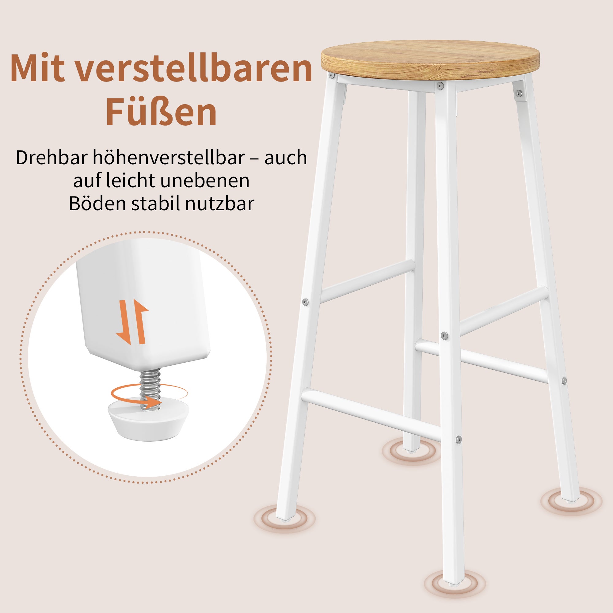 Lot de 2 Tabouret de bar avec repose-pieds et pieds réglables - MDF/métal - 30 x 30 x 63 cm - Blanc + bois naturel - 6