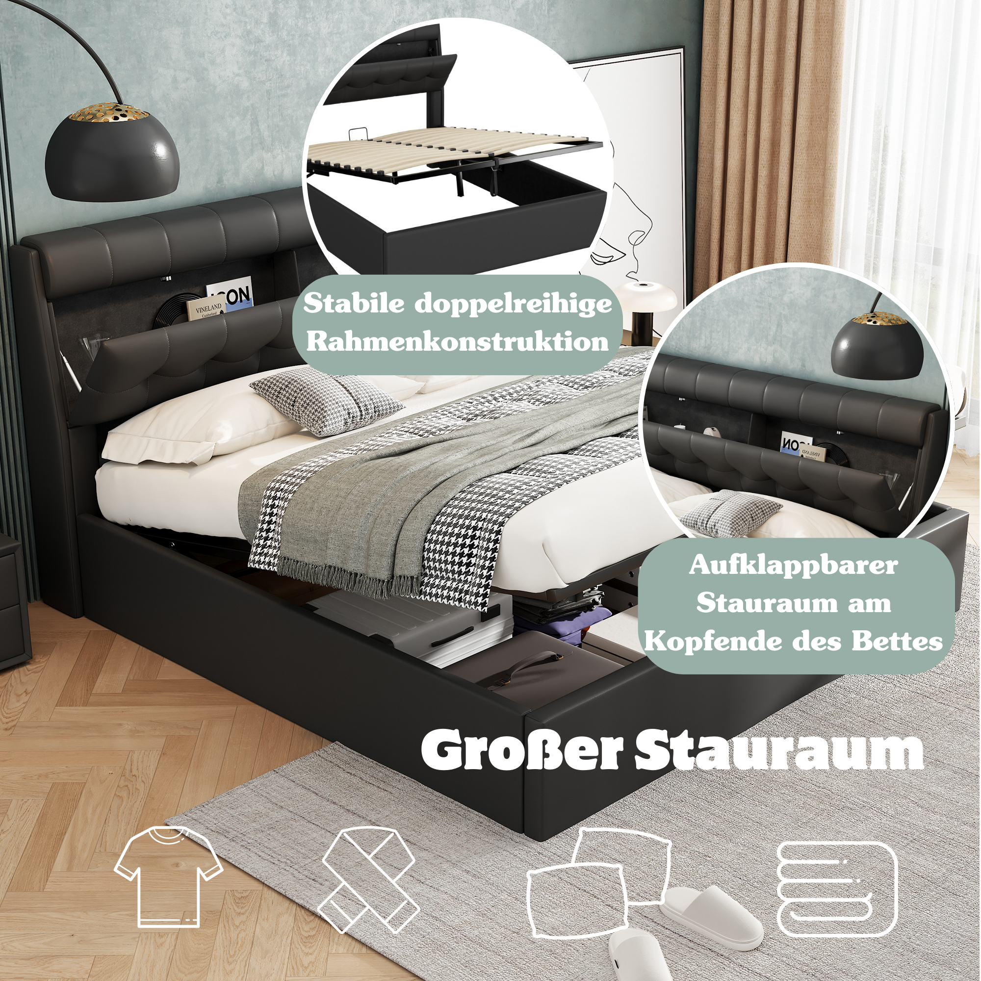 Lit coffre 140 x 200 cm avec tête de lit rangement - LEDs - Cuir PU - Noir (sans matelas) - 6