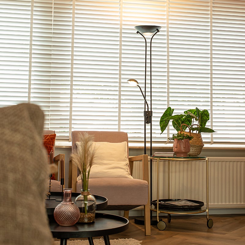 Qazqa moderne lampadaire uplighter avec bras de lecture - Diva - noir, led intégrée 23w incluse, Integrated led, 2000k - 3000k, - 2