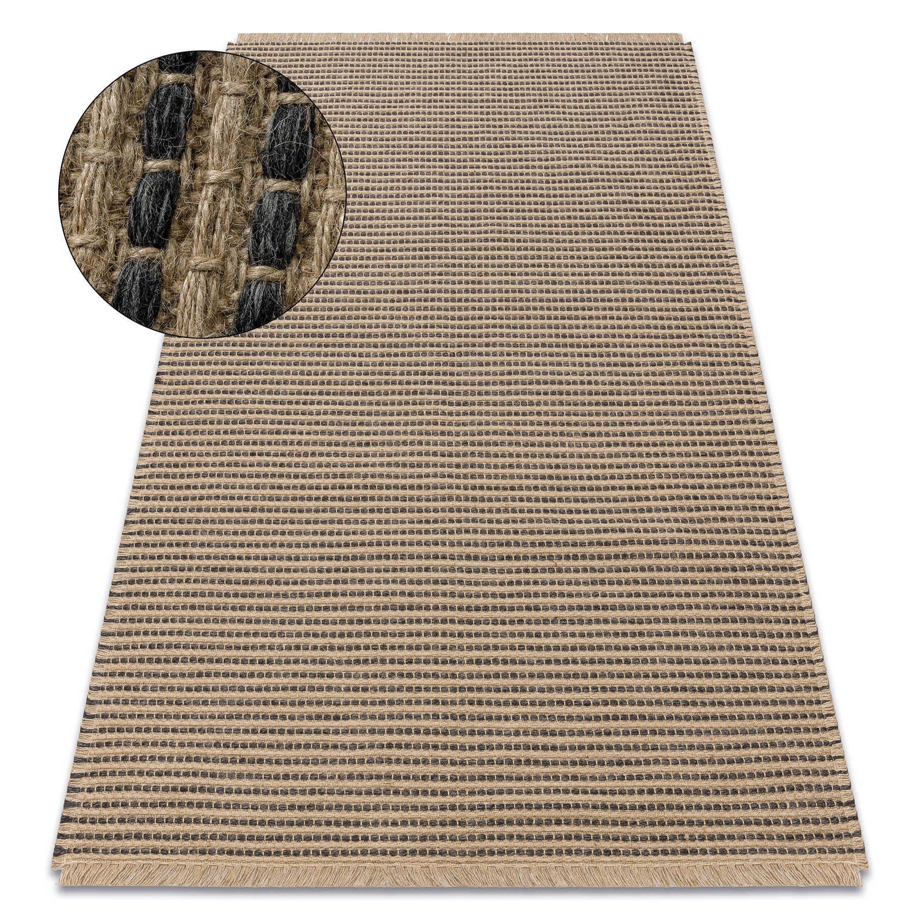 Alfombra jute 3652 negro / beige líneas - yute, tejido plano, flecos 80x150 cm