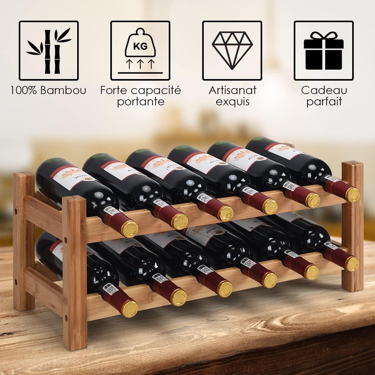 Casier à vin en Bambou, Support d'affichage de 20 Bouteilles, étagères