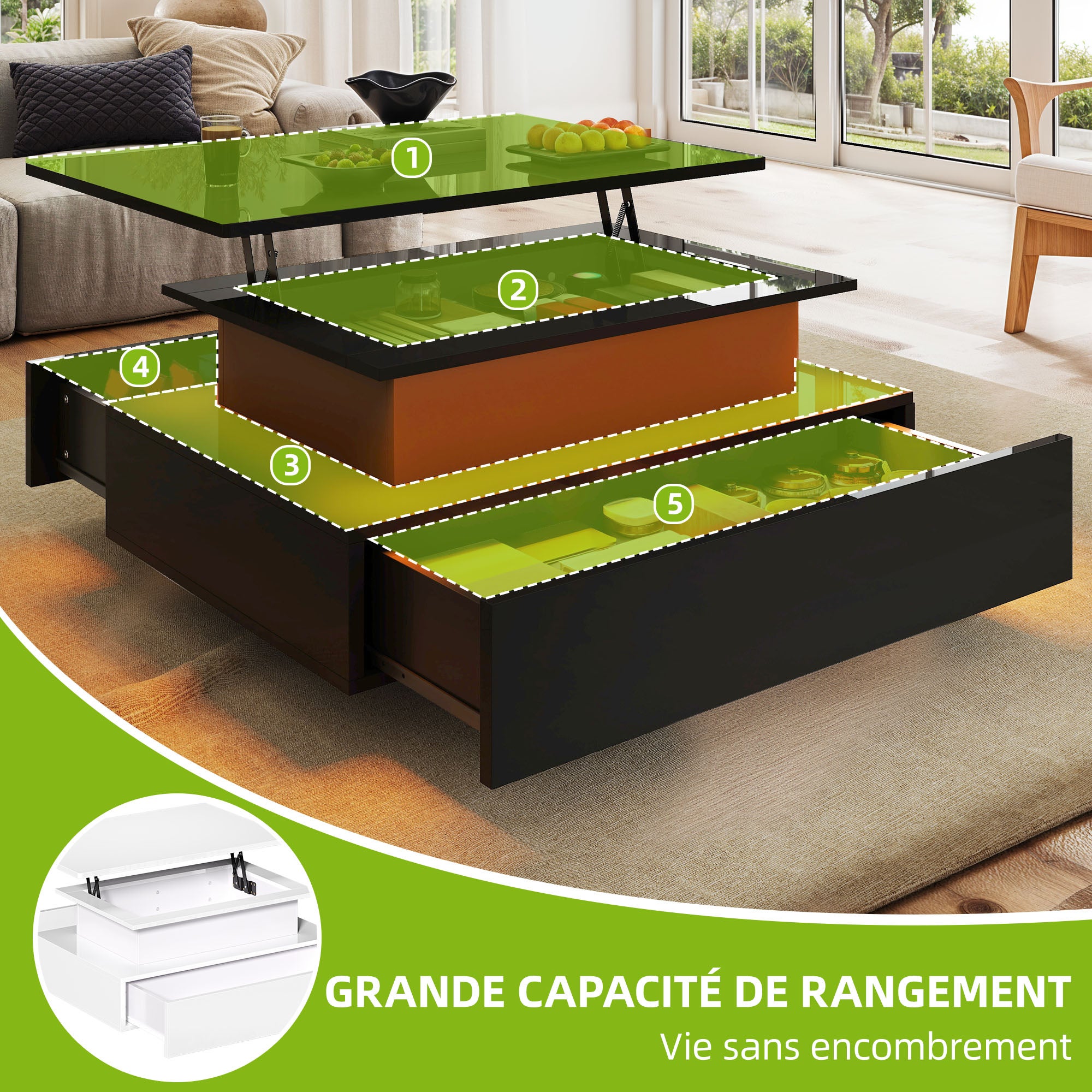 Balconera Table basse Plateau Relevable - Éclairage LED - 2 tiroirs de rangement - 85 x 55 x 56 cm - Noir - 5