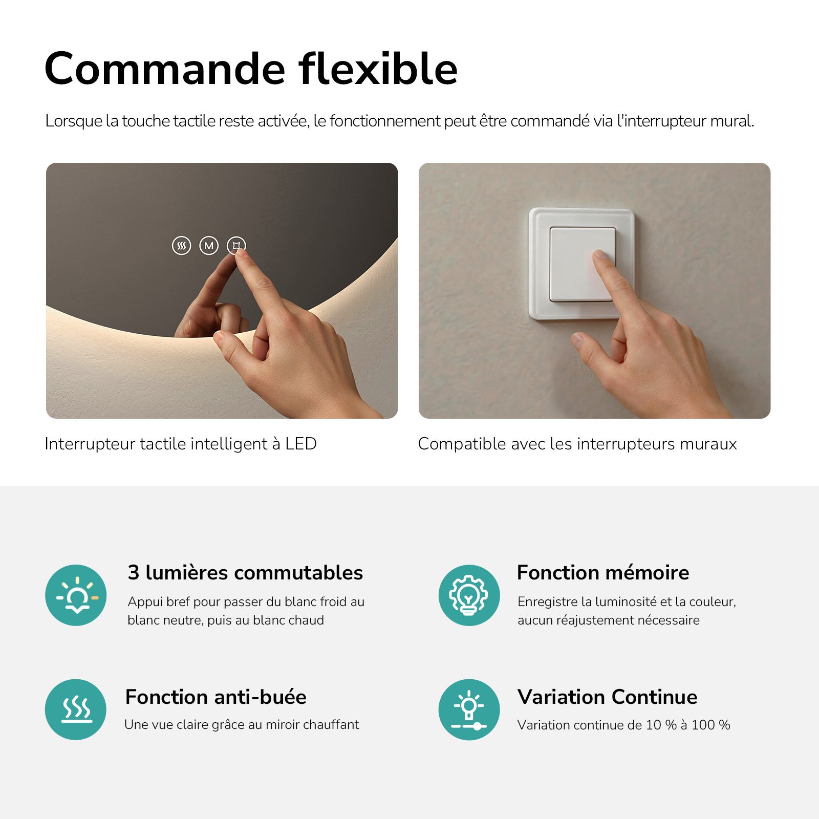 EMKE Miroir lumineux salle de bain rond diamètre 60cm, Miroir LED rétro-éclairage avec Interrupteur Tactile, Anti-buée, Blanche Froide/Neutre/Chaude - 5