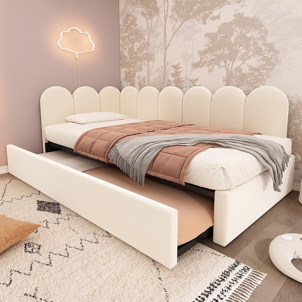 Łóżko dziecięce, łóżko tapicerowane 90x200 cm, rozkładana sofa, aksamit, beżowy, bez materaca