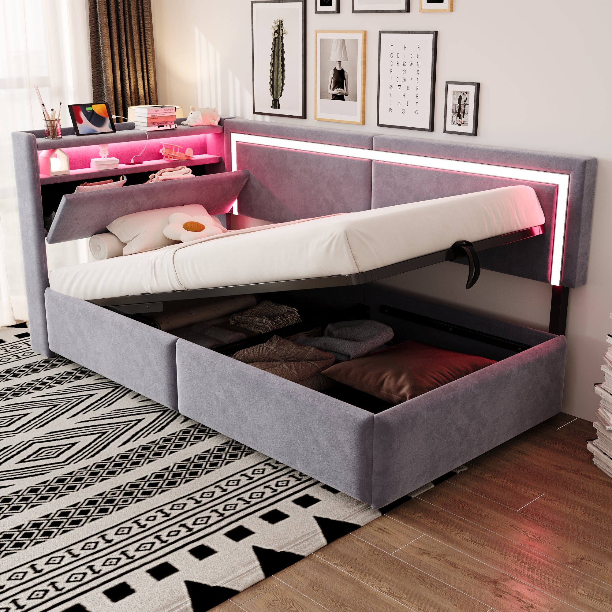 Łóżko kontynentalne 90 x 200 cm z zagłówkiem i schowkiem - Tkanina welurowa - Diody LED i porty USB - Jasnoszary (materac nie jest wliczony w cenę)