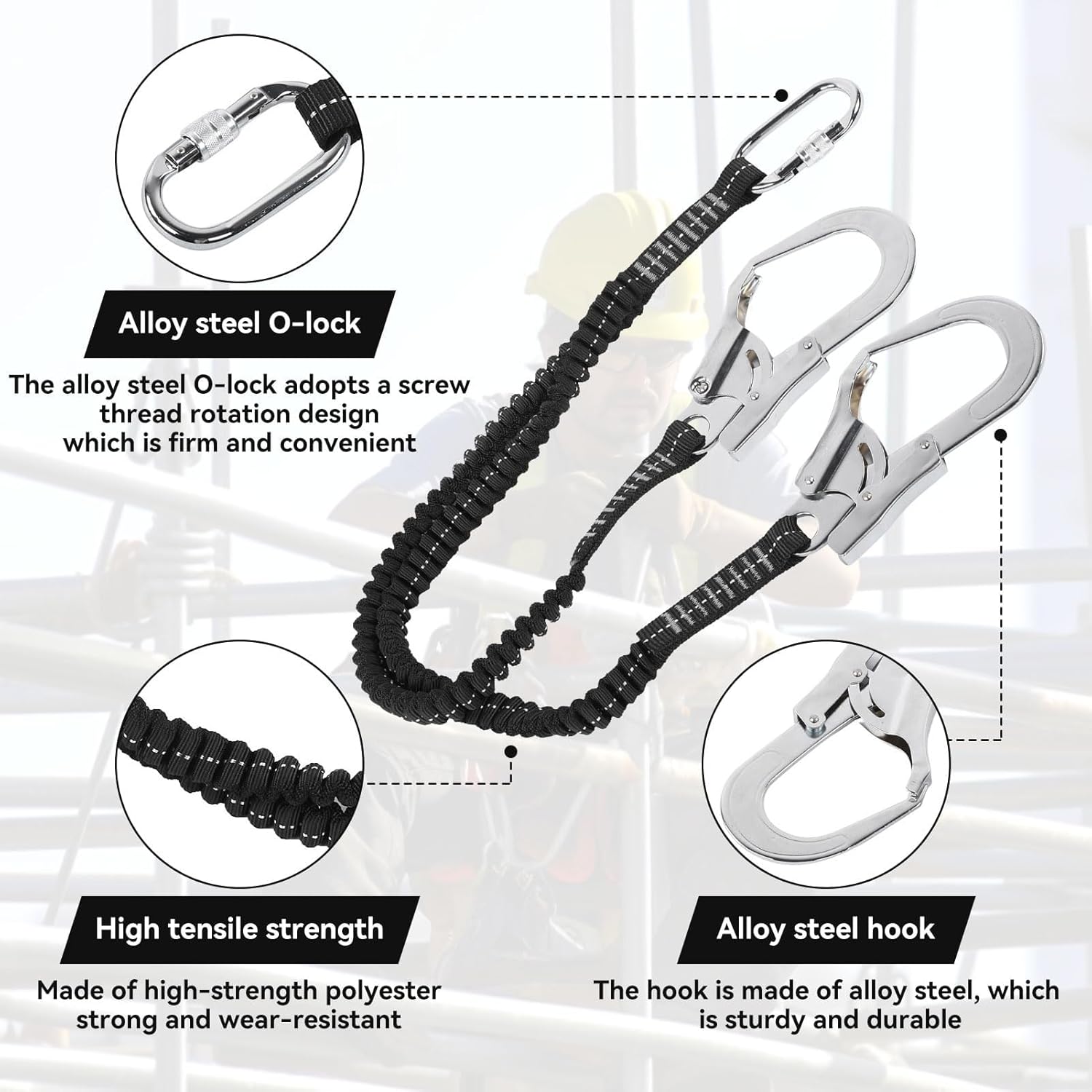 80-140 cm Harnais de sécurité crochet élastique, 25KN Double grand crochet en acier longe de sécurité absorbant les chocs Antichute extérieur - 2