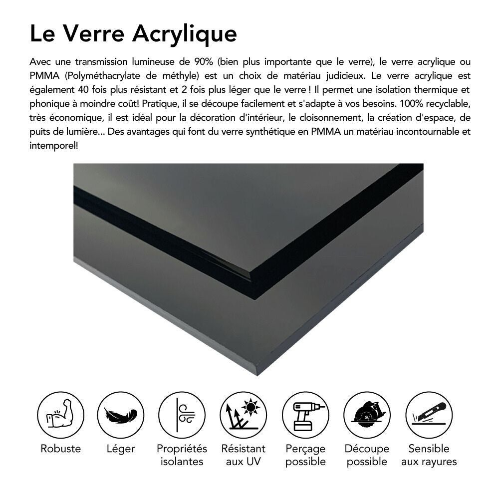 Plaque verre acrylique noir 4 mm - 70 x 80 cm (700 x 800 mm) - Verre synthétique - Plaque PMMA XT - 3