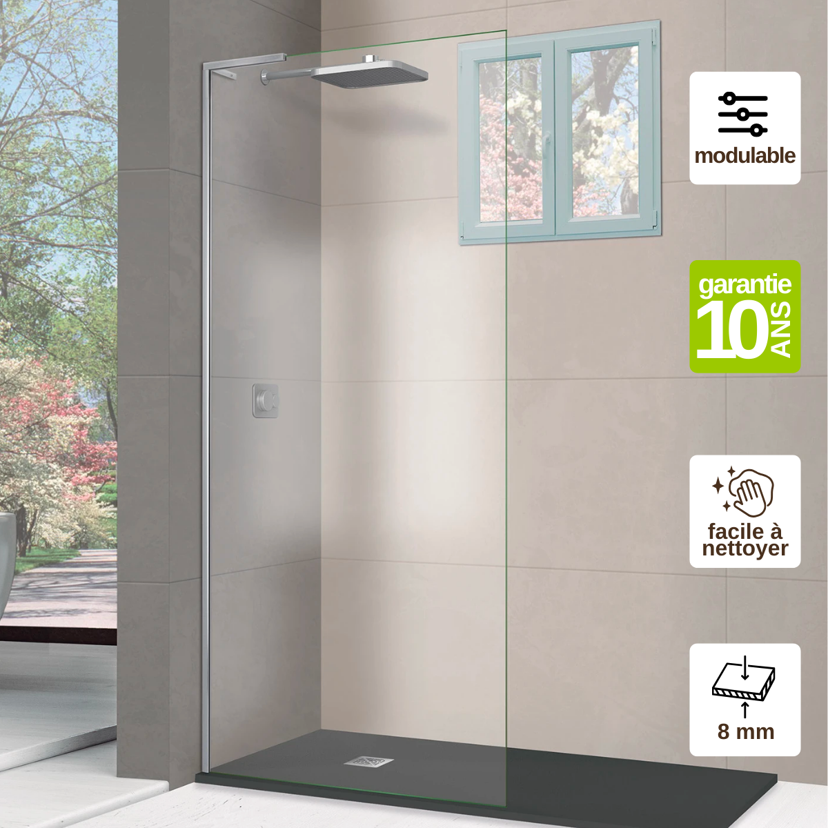Paroi de douche fixe en verre Trempé transparent ép 8mm anti calcaire — free download