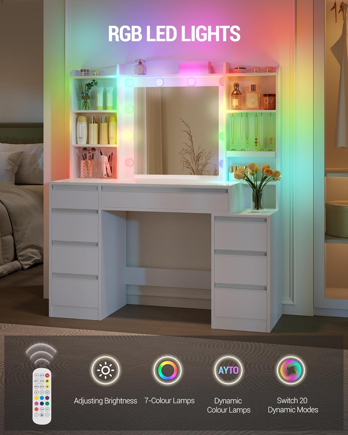 Coiffeuse avec 8 Tiroirs, Grand Miroir avec Éclairage RGB-LED, Rangement pour Bijoux Intégré, Bureau de 100 cm de Large, Blanc - 3