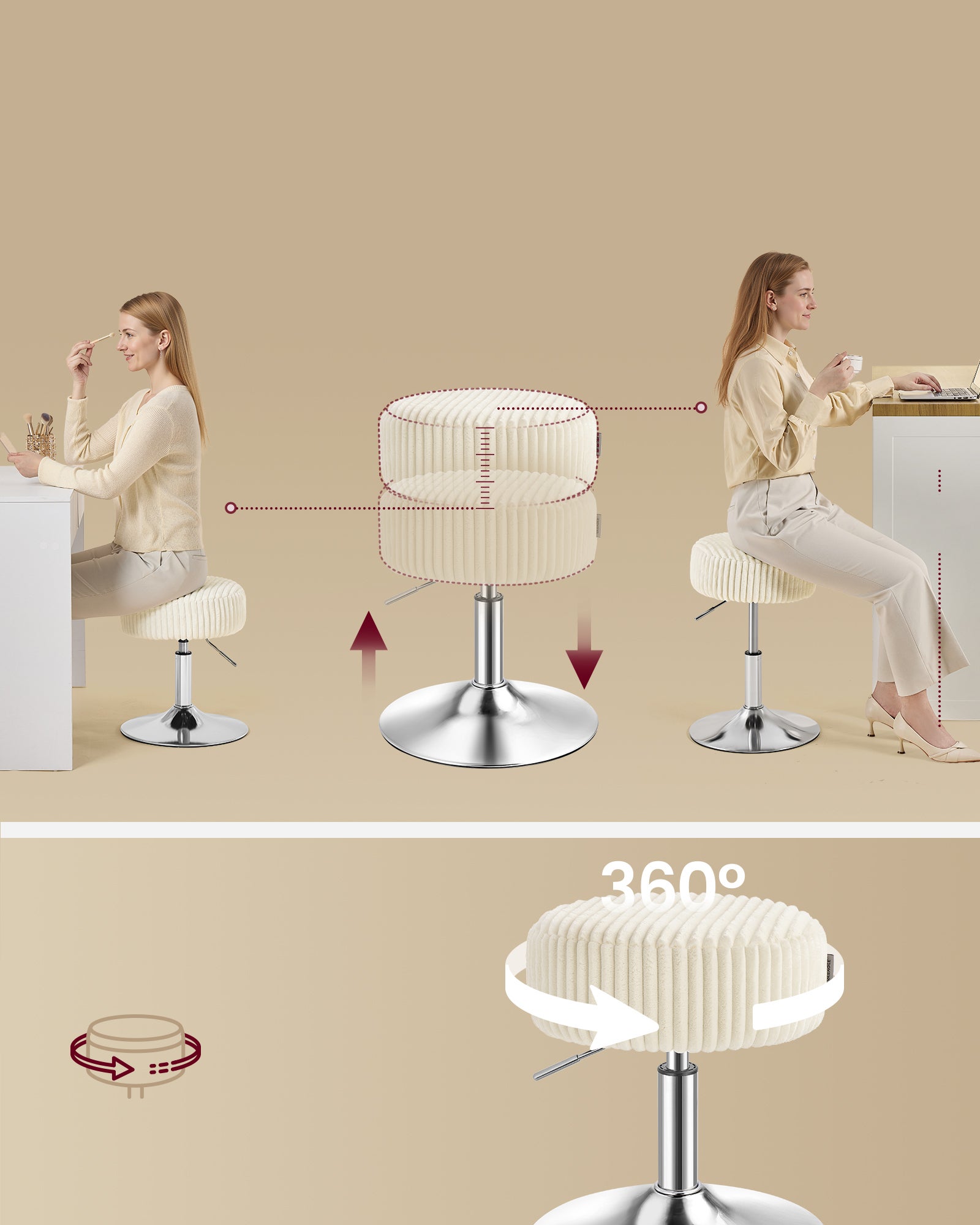 Tabouret de Maquillage, Réglable en Hauteur, Pivotant à 360 Degrés, en Velours Côtelé, Coussin Épais, Tabouret de Coiffeuse, Blanc Crèm - 3