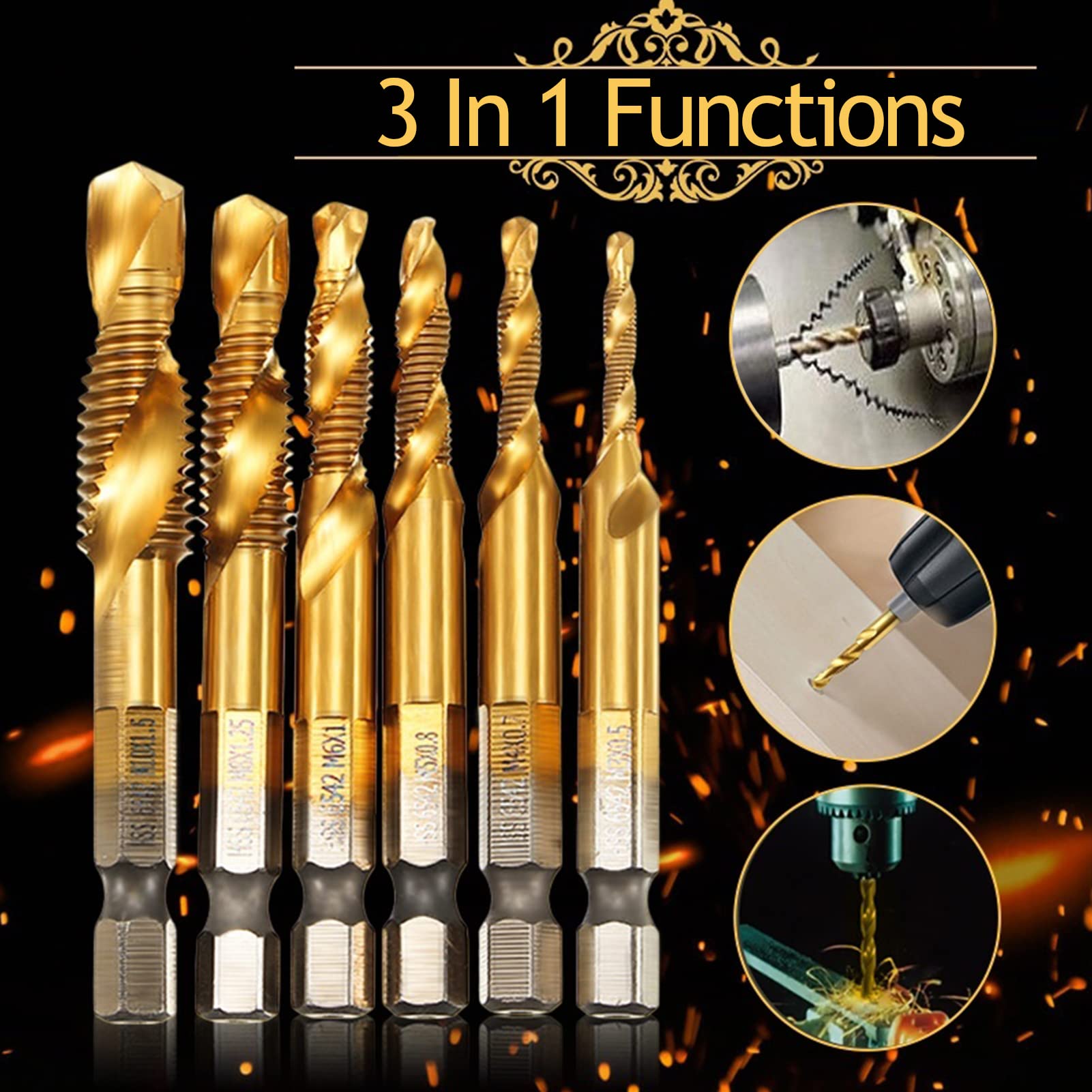 Punte Per Trapano Con Filettatura Metrica HSS M3-M10 Titanio 1/4" Gambo Esagonale 6 Pezzi - Foto 7