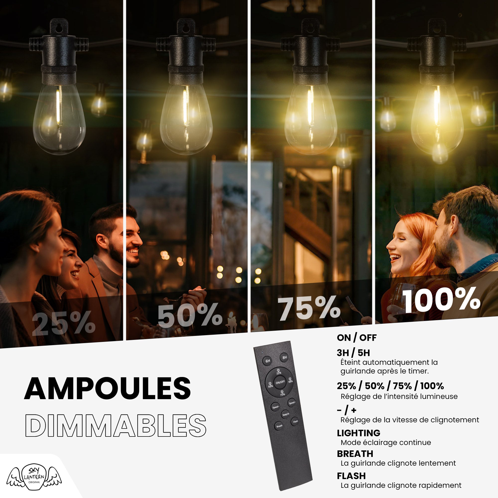 Guirlande Guinguette IP65 LED 15M 15 Bulbes Filament Allongé Dimmables Avec Télécommande SKYLANTERN - 4