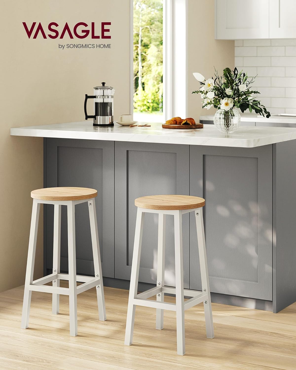 Tabouret de Bar, Lot de 4, Chaise de Cuisine, Siège Haut, pour Cuisine, Salle à Manger, Blanc - 2