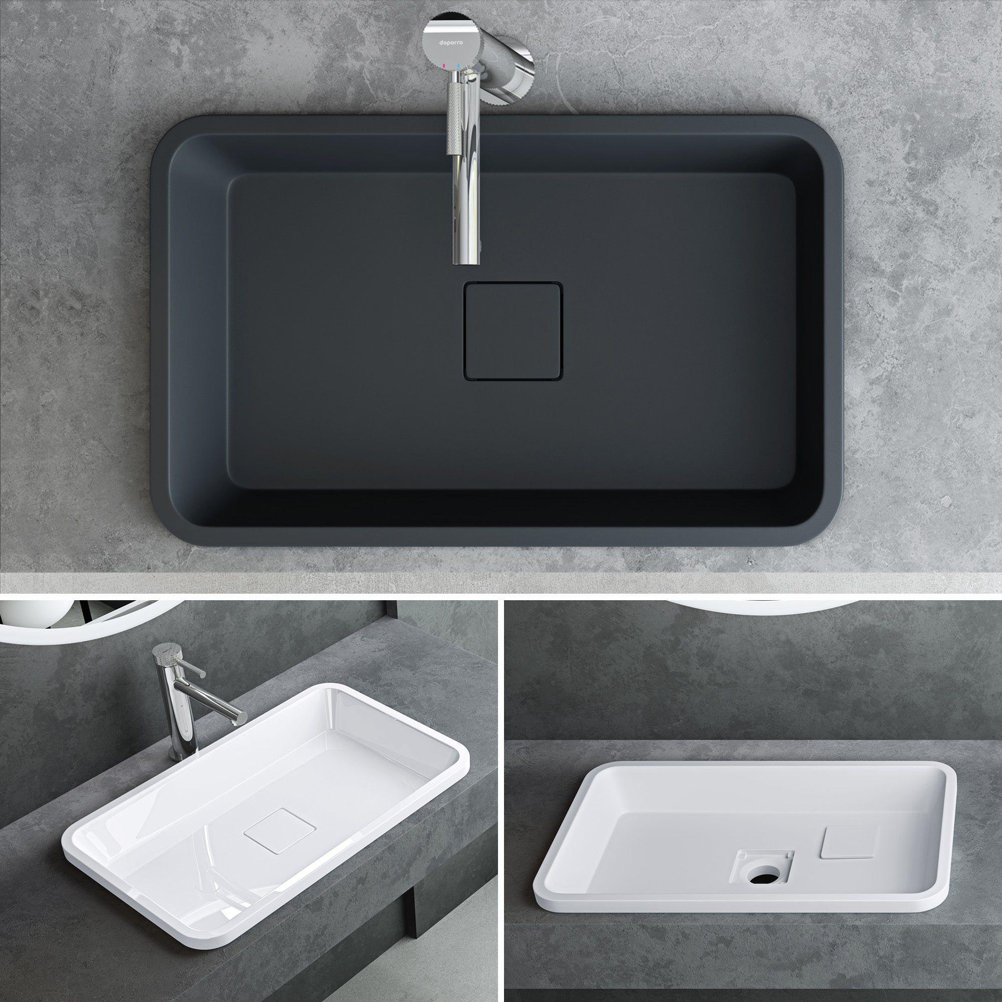Vasque à Encastrer, Lavabo Rectangulaire, Lave Mains Gris Noir Mat en Résine, 53x33x10,5cm, sans Trop-Plein, Cache-Bonde Inclus, Col104 Mai & Mai - 6