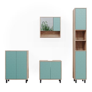 Ensemble De Meubles Salle De Bain Agasta 4 Pièces - Vert Menthe/Sonoma - Avec Armoire Haute - Panneau 16 Mm