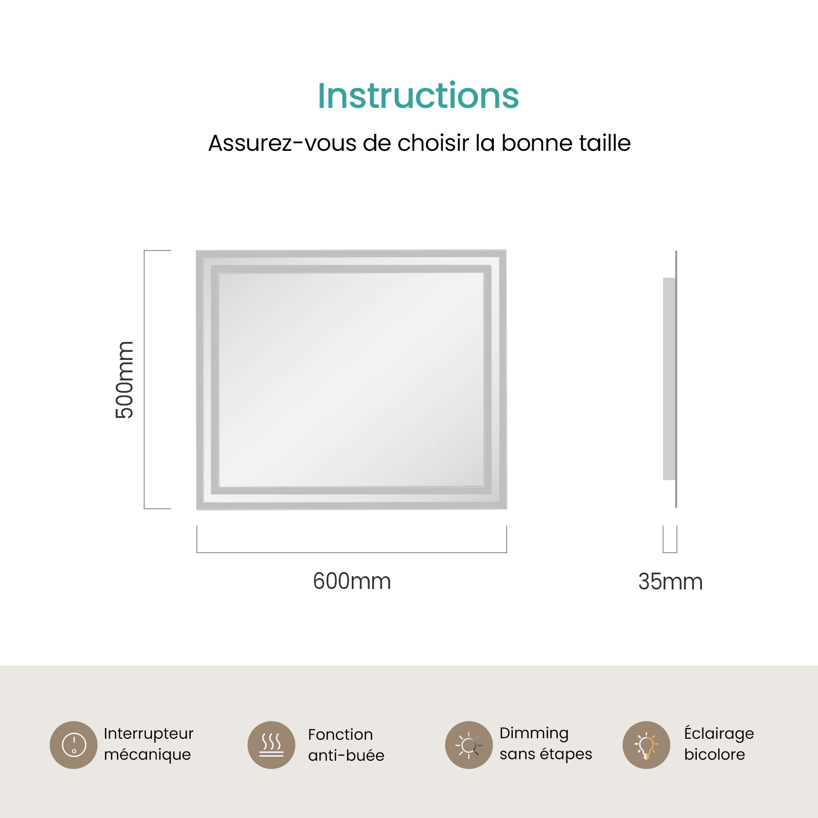 EMKE Miroir lumineux salle de bain 60x50cm, Miroir LED avec Interrupteur à bouton, Anti-buée, Miroir avec éclairage lumière Blanche Froide/Chaude - 6