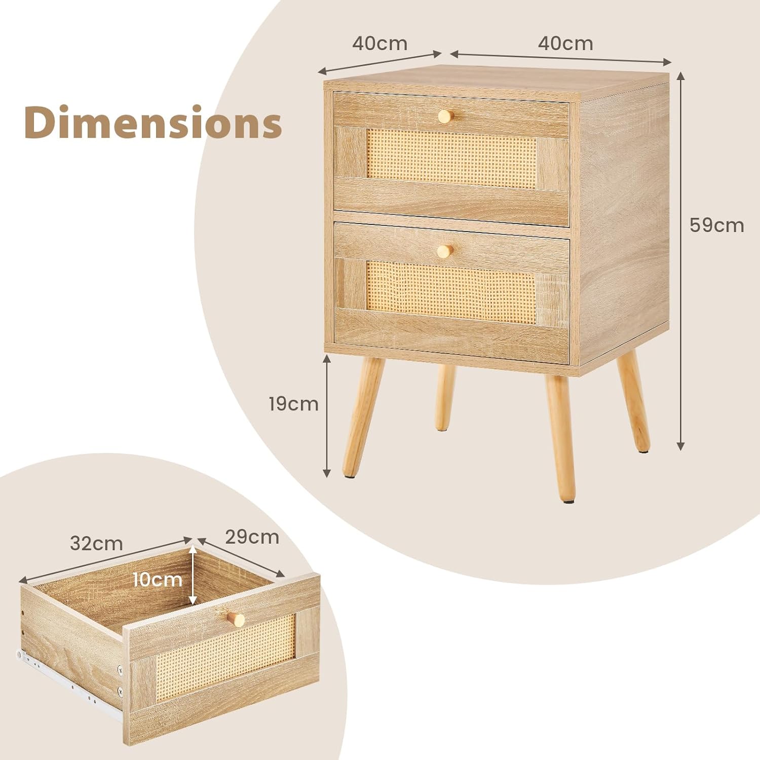 Comodino in Rattan con 2 Cassetti, Tavolini Laterali Moderni con Gambe in Legno Massello, per Soggiorno e Camera da Letto, 40 x 40 x 59 cm (1) - 2