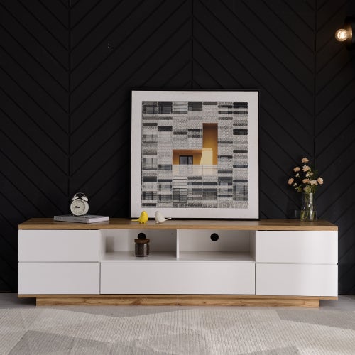 Meuble TV Armoire TV moderne avec veines de bois en bloc de couleur blanc Commode 180cm pour Salon Meubles de rangement