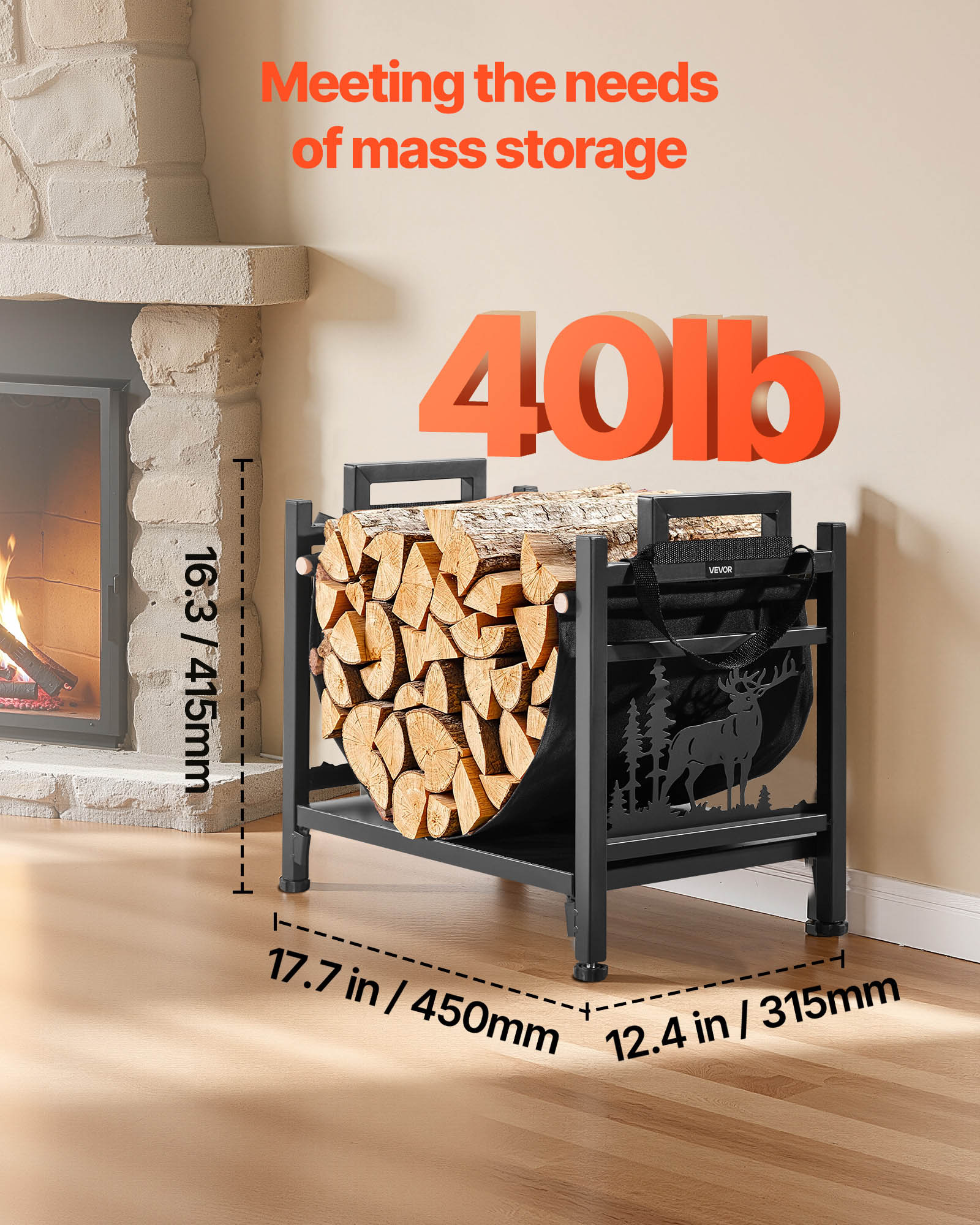 Support à bois VEVOR chauffage d'intérieur, range-bûches incurvé 450 x 315 x 415 mm, avec support en toile, charge 18,1 kg, en acier thermolaqué - 2