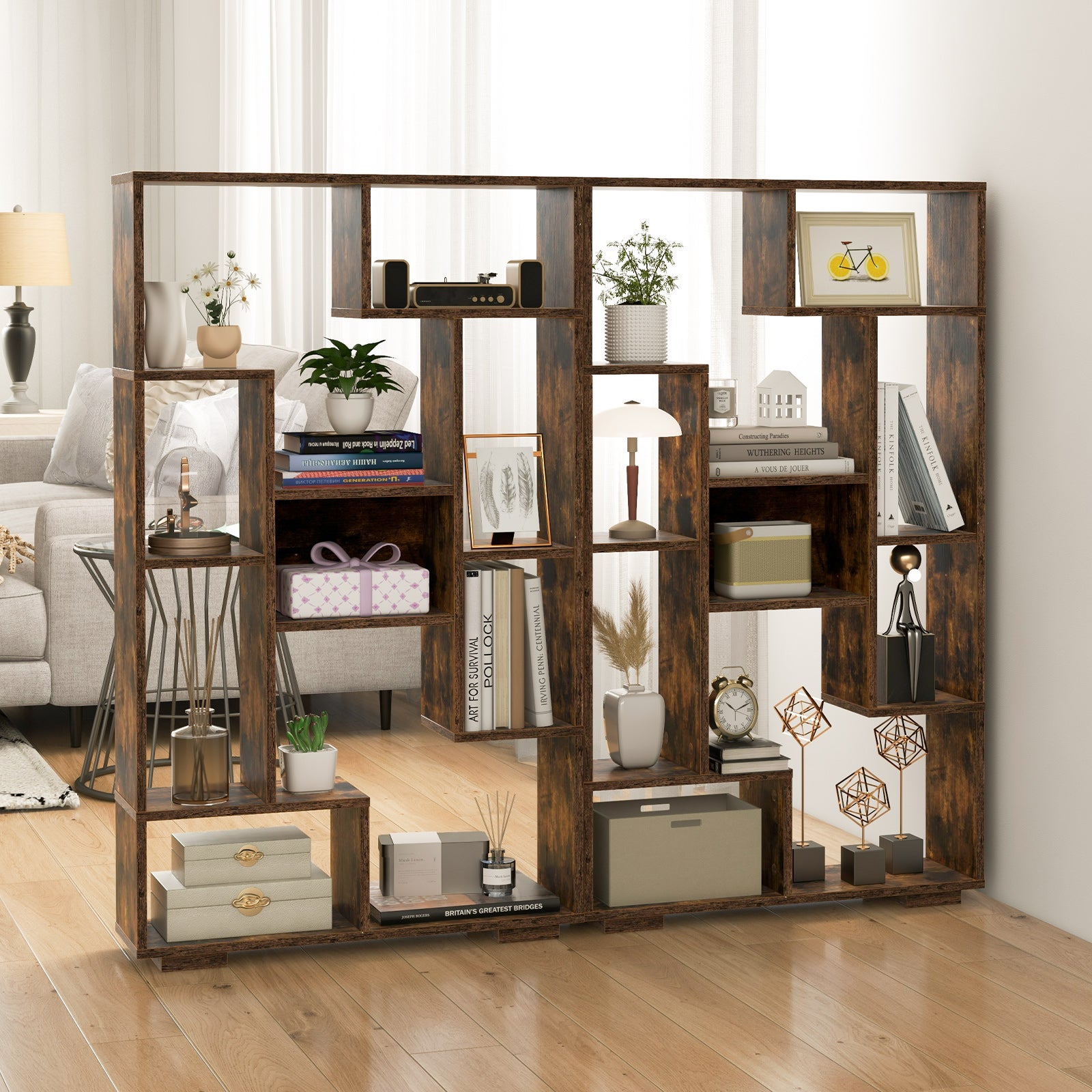 Bibliothèque Géométrique de 120 cm, Etagères Ouvertes, Etagère de Rangement Autoportante avec Kits anti-basculement, pour Bureau, Salon, Marron - 9