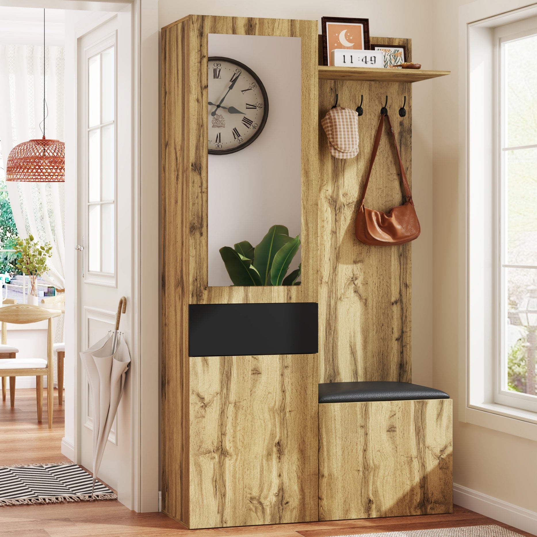 Ensemble meuble à chaussures avec banc + miroir + porte-manteau - 98,5 L x 38 l x 191 H cm - 3 portes et 1 tiroir - MDF - Naturel + noir - 3