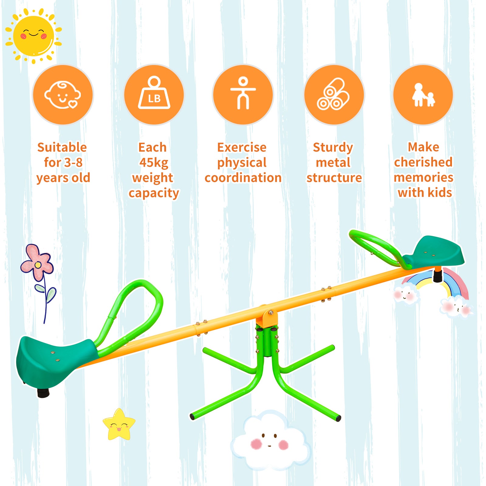 Balançoire double de 180,34 cm pour enfants, idéale pour les jeux d'extérieur, de jardin ou d'école. Antidérapante, coloris bicolore jaune et vert. - 5