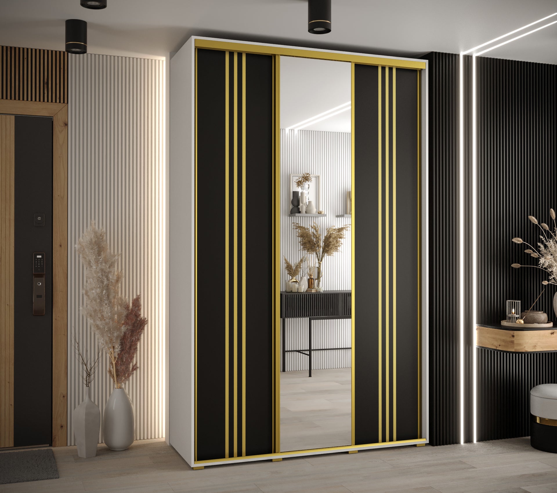 Szafa przesuwna z lustrem wysoka Davos 7 150 x 60 x 235,2 cm biały + czarny + u. złoty - Abiks Meble - 2