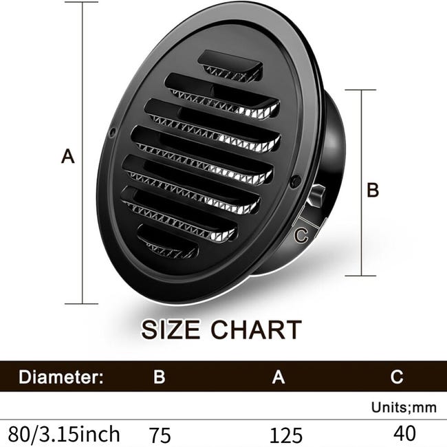 Okrągła kratka wentylacyjna ze stali nierdzewnej z siatką, 80 mm, lakierowana na czarno.
