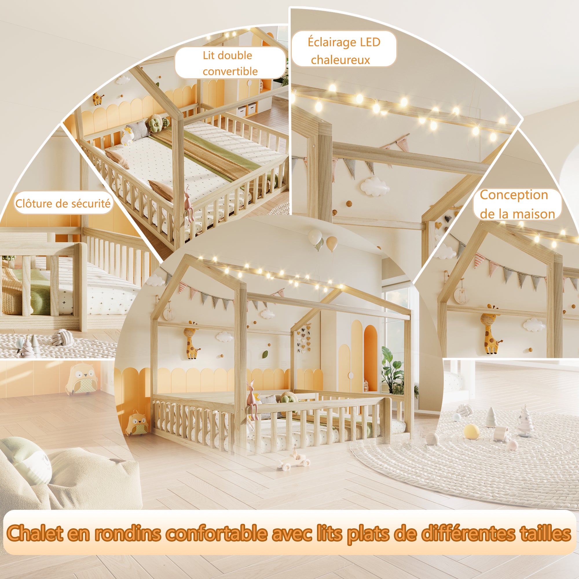 Lit enfant enfant Lit double 180x190 cm avec barrière, 90x190 cm x2 , style minimaliste, pin, LED intégrées, Natural - 6