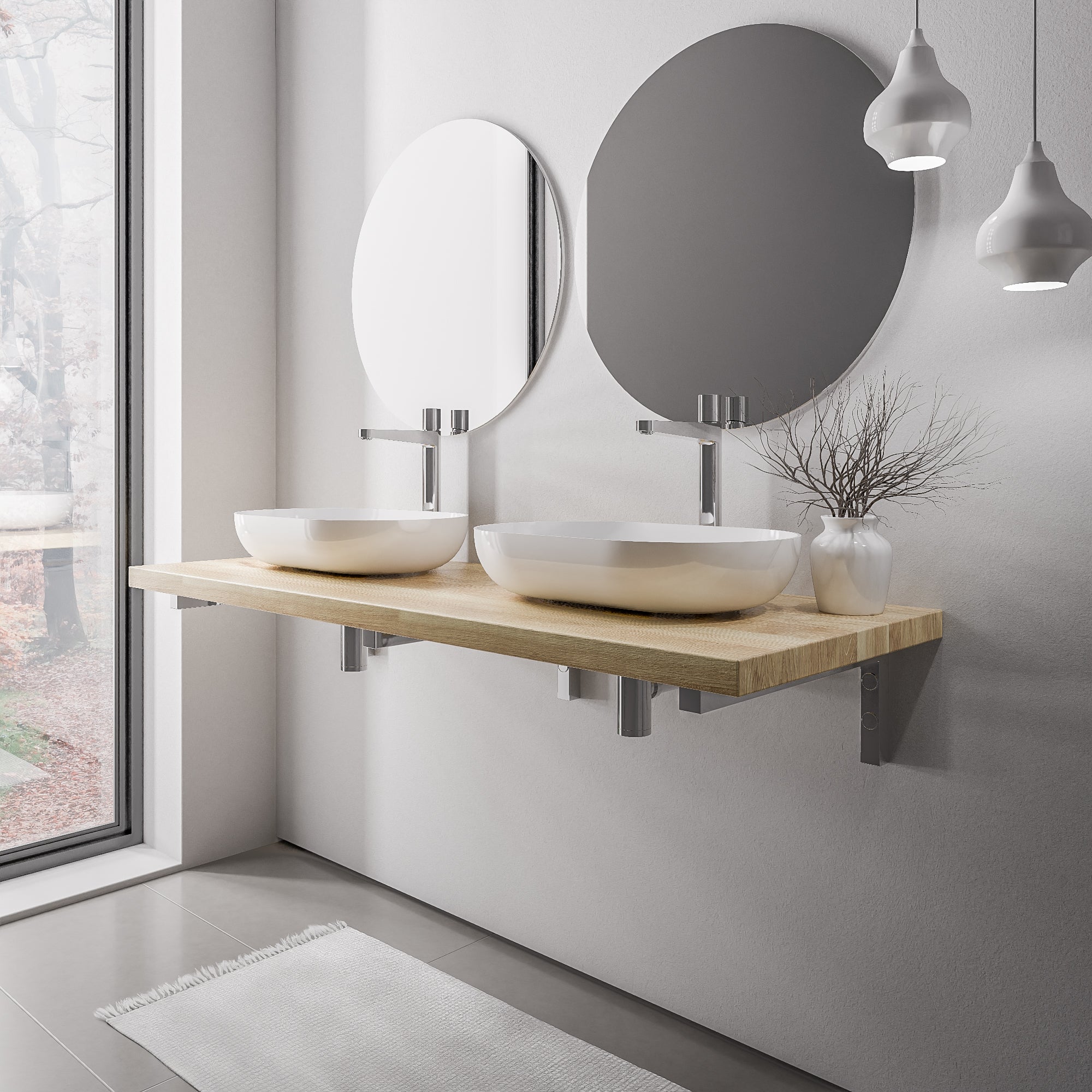 Mensola Bagno 120 In Rovere Di Bordeaux Con Staffe Lavabo E Specchio - Foto 9