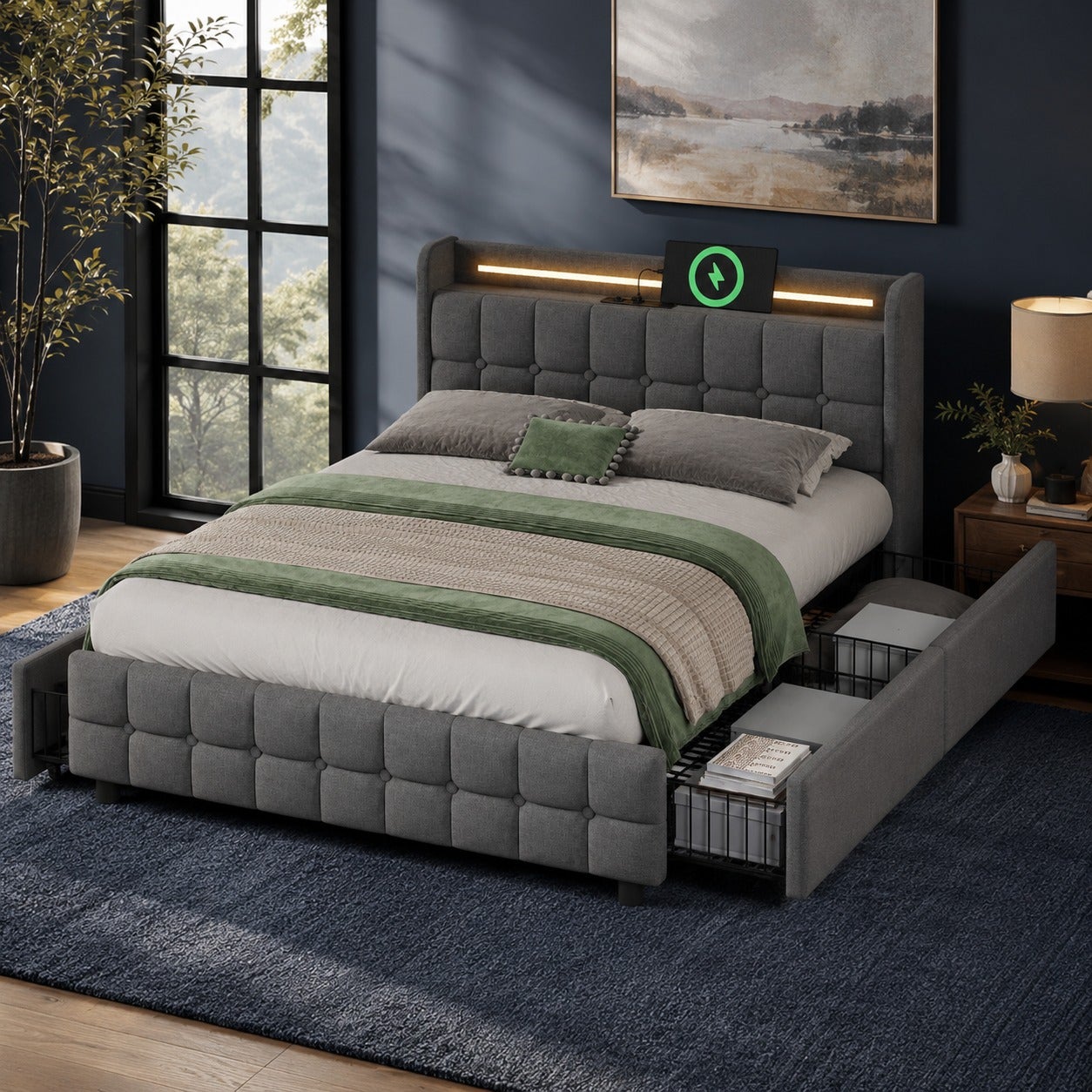 Cama tapizada 160x200cm en lino - con LED y puertos de carga USB - 2 cajones - Gris - 3