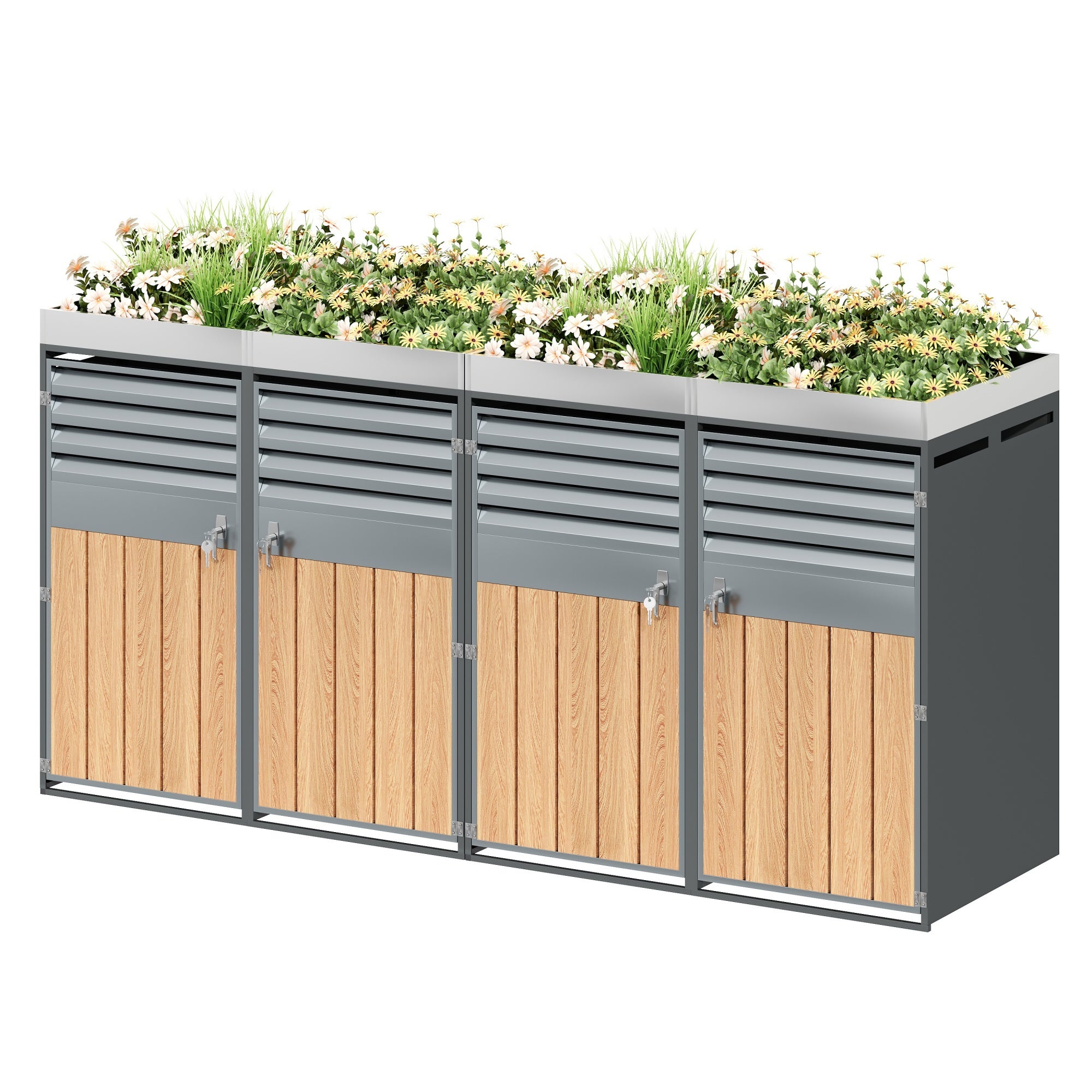 Coș de deșeuri, deschidere de ventilație cu grătare, compartimente pentru depozitarea deșeurilor, încuietoare, patru uși, zonă de plantare