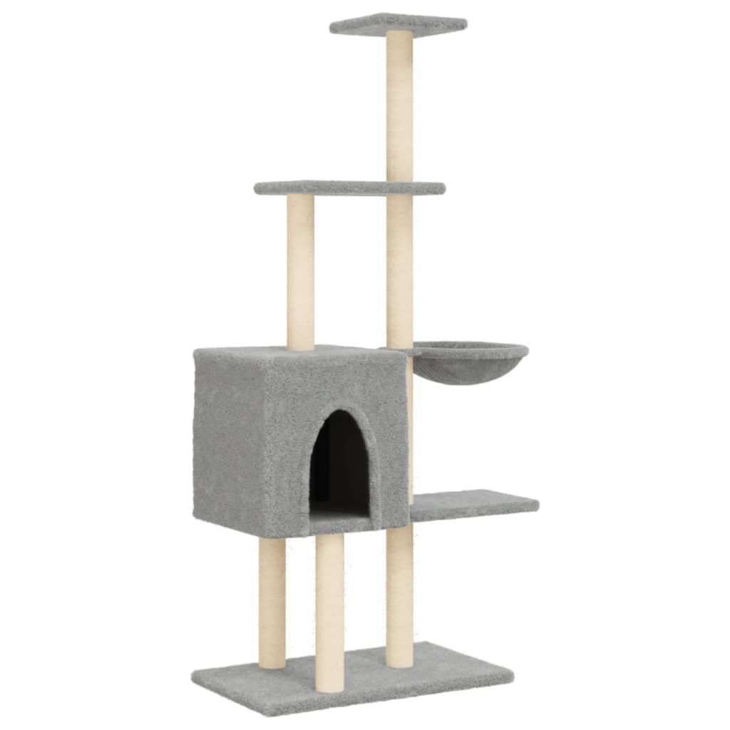 Tiragraffi Per Gatti Alto 145 Cm – Grigio, Con Grotta, Piattaforme E Colonne In Sisal, Spazio Di Gioco Multistrato